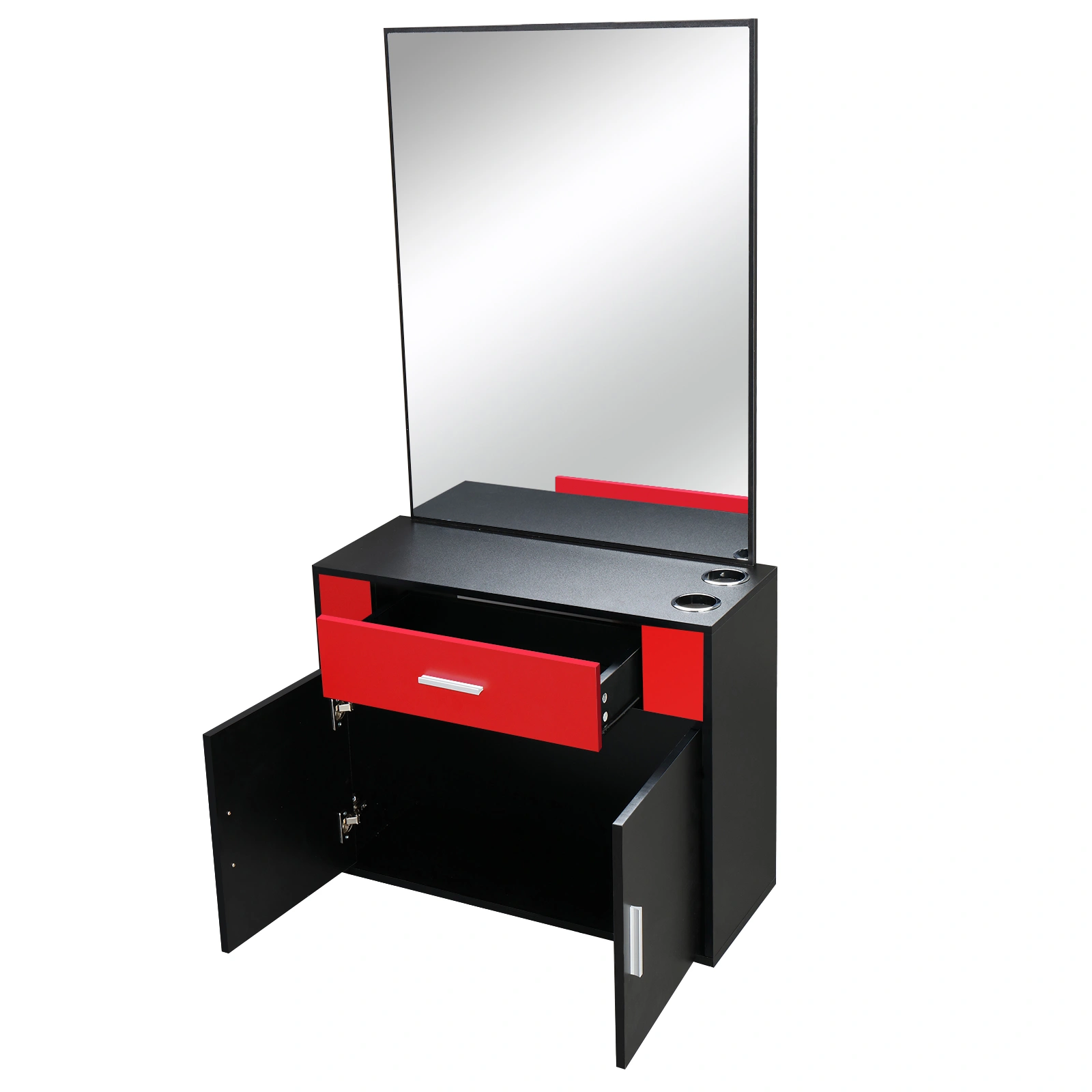 Black & Red Salon Cabinet with Linen Top, 1 Drawer 1 Door E0 Chipboard with Mirror view 8