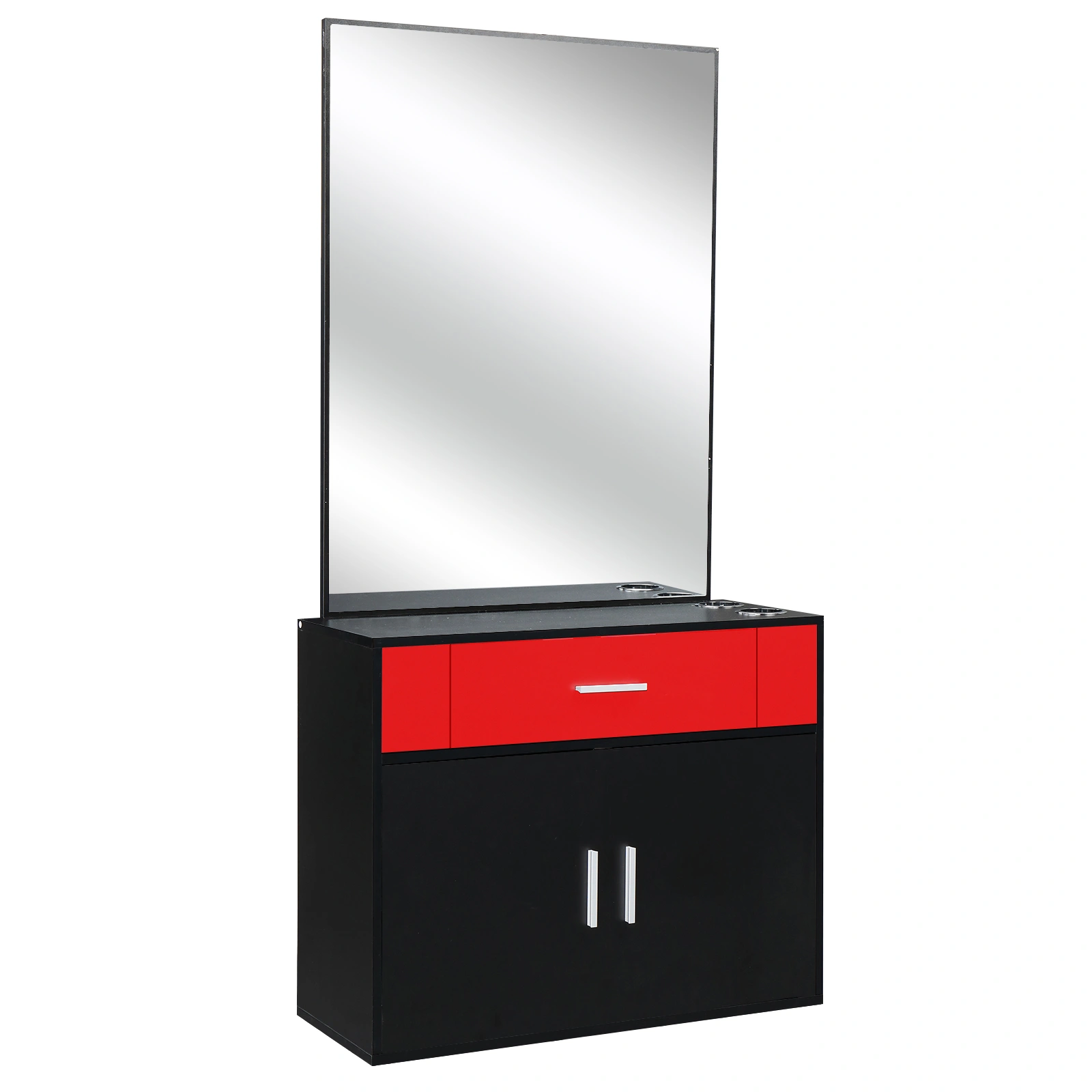 Black & Red Salon Cabinet with Linen Top, 1 Drawer 1 Door E0 Chipboard with Mirror view 9