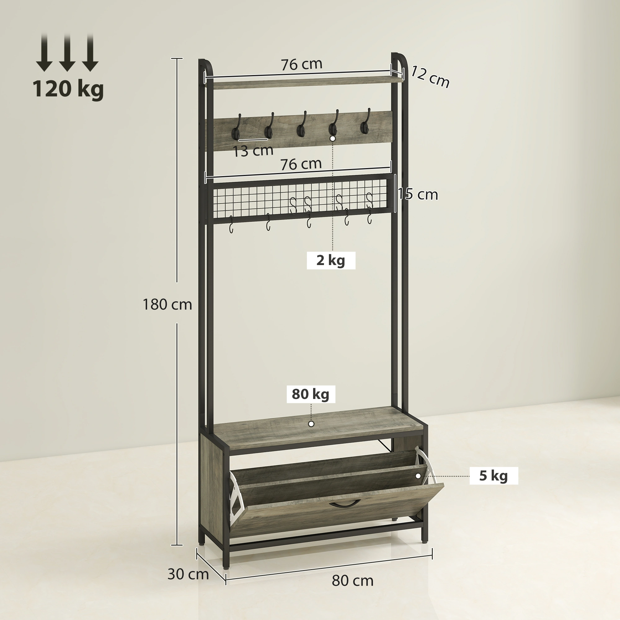 Hall Tree with Bench Entryway Storage Organizer, Coat Rack with Shoes Rack & Hooks for Entryway Living Room Mudroom, Wood Assembly view 2