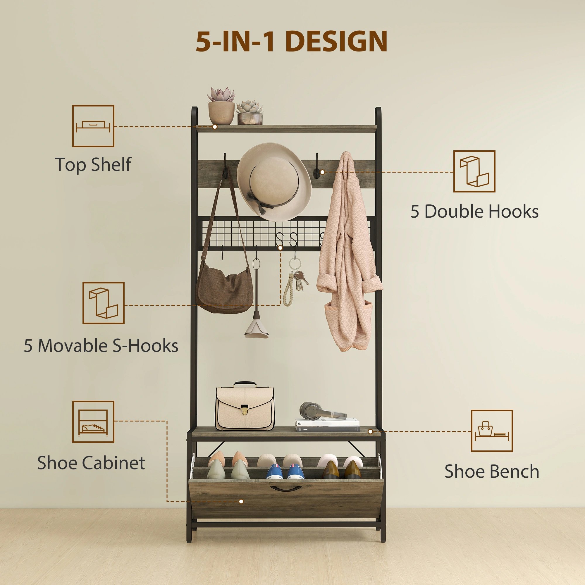 Hall Tree with Bench Entryway Storage Organizer, Coat Rack with Shoes Rack & Hooks for Entryway Living Room Mudroom, Wood Assembly view 3