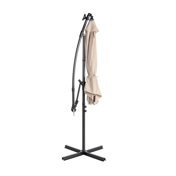 10FT Round Banana Hanging Patio Umbrella with 18 LED Lights, 6 Iron Ribs, Iron Straight & Curved Pole, Waterproof Polyester Canopy, with Stand Sleeve and Cross Base, Khaki view 3