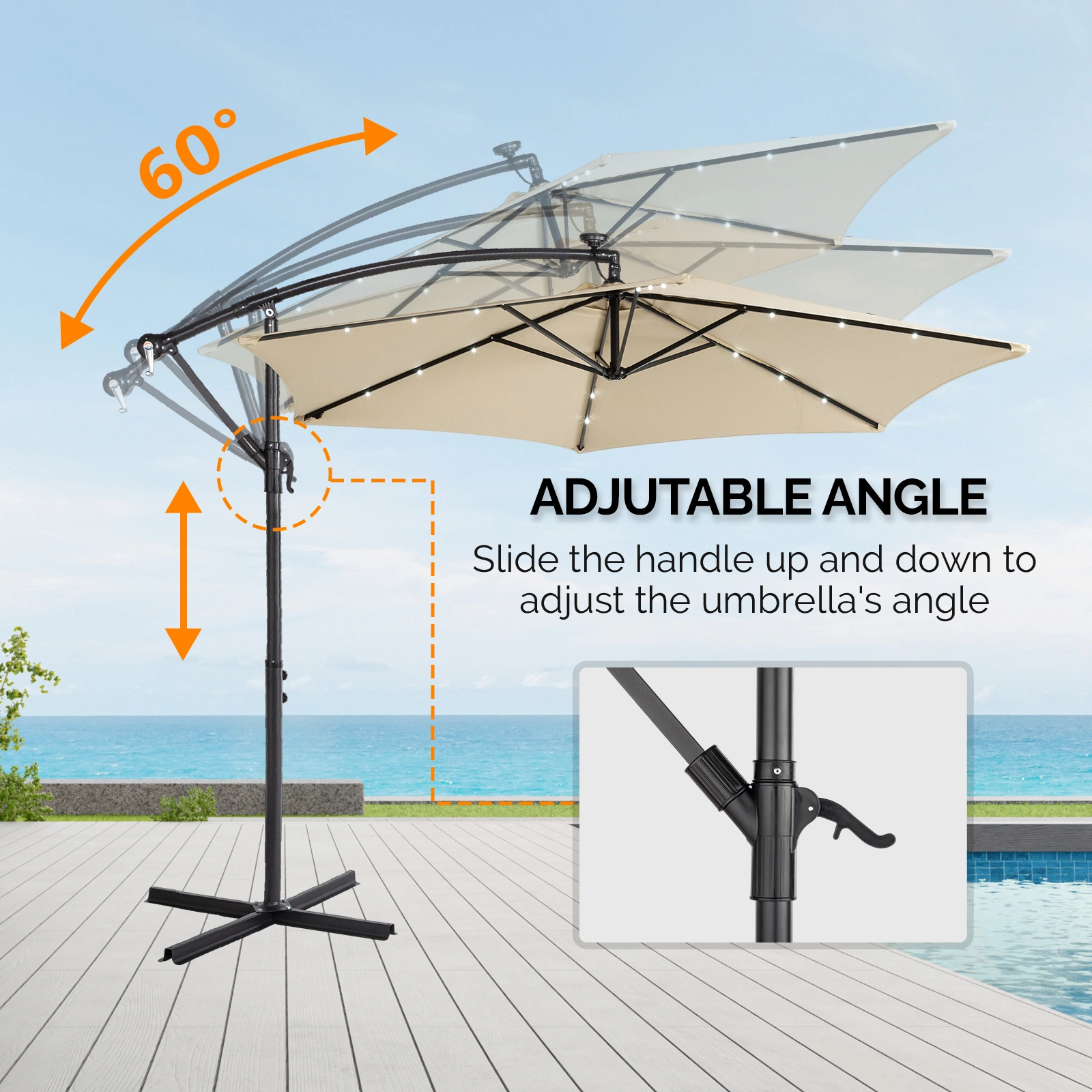 10FT Round Banana Hanging Patio Umbrella with 18 LED Lights, 6 Iron Ribs, Iron Straight & Curved Pole, Waterproof Polyester Canopy, with Stand Sleeve and Cross Base, Khaki view 26