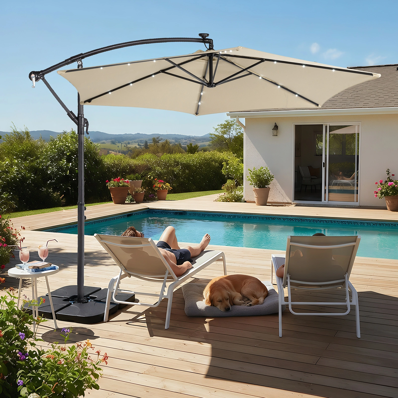 10FT Round Banana Hanging Patio Umbrella with 18 LED Lights, 6 Iron Ribs, Iron Straight & Curved Pole, Waterproof Polyester Canopy, with Stand Sleeve and Cross Base, Khaki view 29