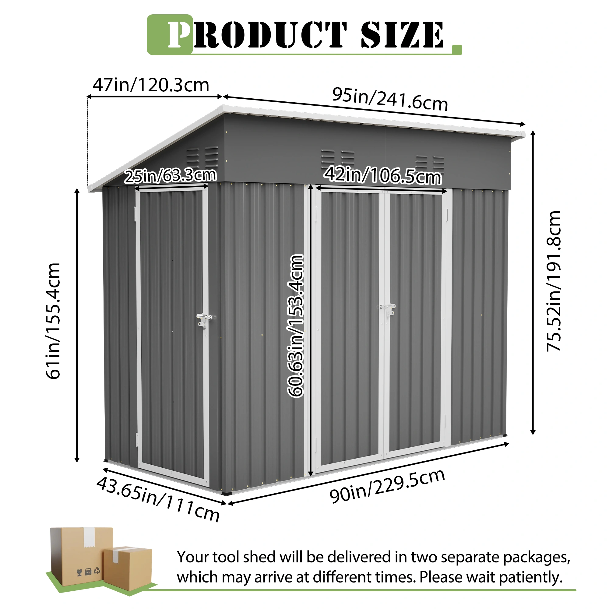 8x4 FT Metal 3-Door Storage Shed, Outdoor Garden Tool Shed with Sloping Roof, Waterproof UV Resistant, 4 Air Vents, 2 Locks, Gloves & Ground Nails Included, Yard Patio Equipment view 2