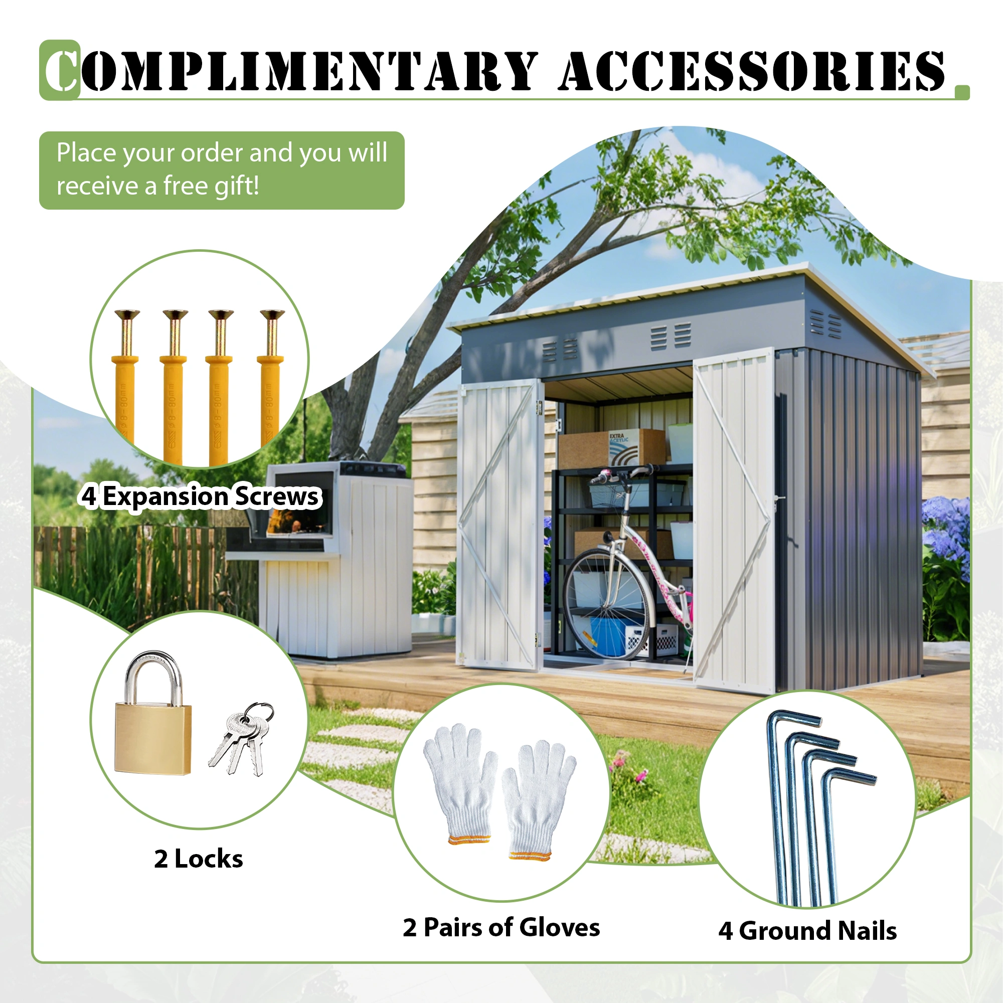 8x4 FT Metal 3-Door Storage Shed, Outdoor Garden Tool Shed with Sloping Roof, Waterproof UV Resistant, 4 Air Vents, 2 Locks, Gloves & Ground Nails Included, Yard Patio Equipment view 4