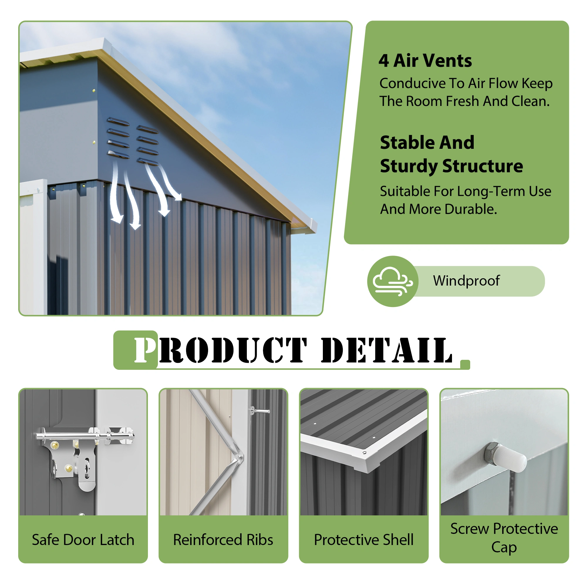 8x4 FT Metal 3-Door Storage Shed, Outdoor Garden Tool Shed with Sloping Roof, Waterproof UV Resistant, 4 Air Vents, 2 Locks, Gloves & Ground Nails Included, Yard Patio Equipment view 5