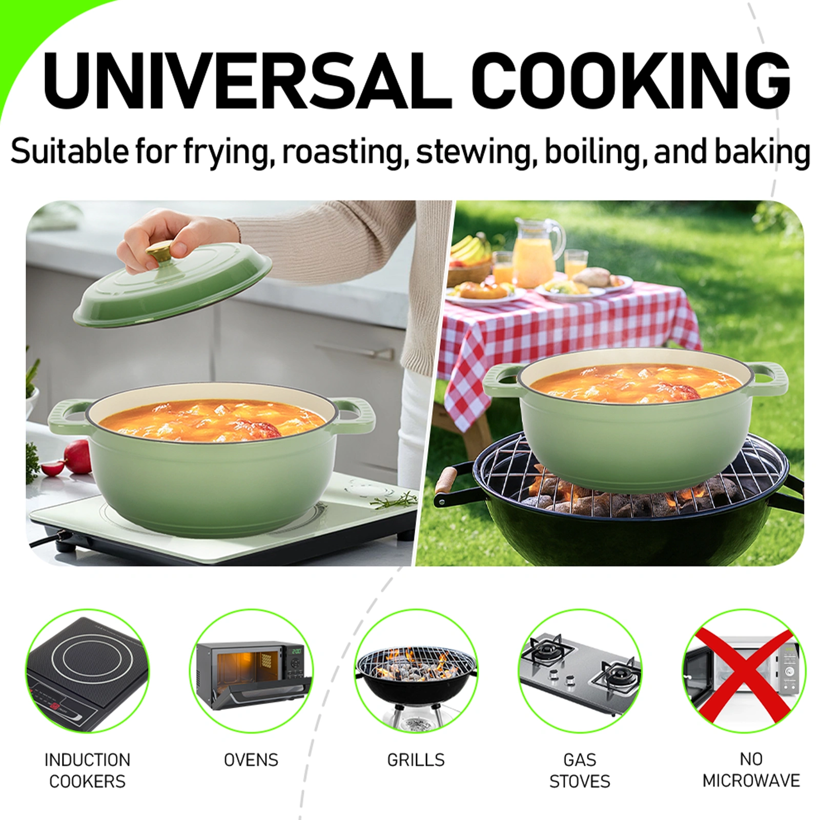 5QT Cast Iron Enamel Cooking Pot, Gradient Green Dutch Oven with 2 Silicone Gloves, Enameled Pot for Stovetop & Oven Use view 10