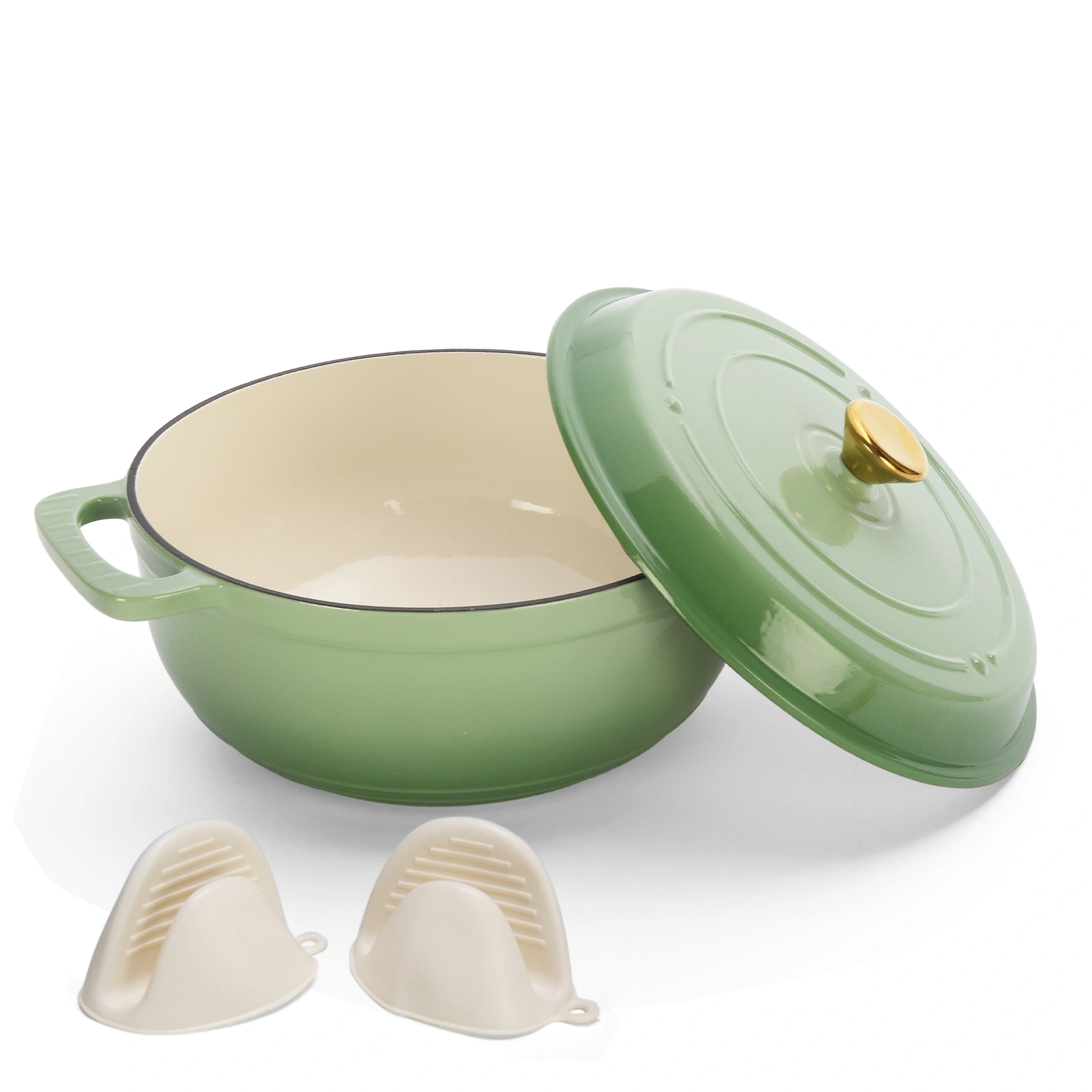 5QT Cast Iron Enamel Cooking Pot, Gradient Green Dutch Oven with 2 Silicone Gloves, Enameled Pot for Stovetop & Oven Use view 4