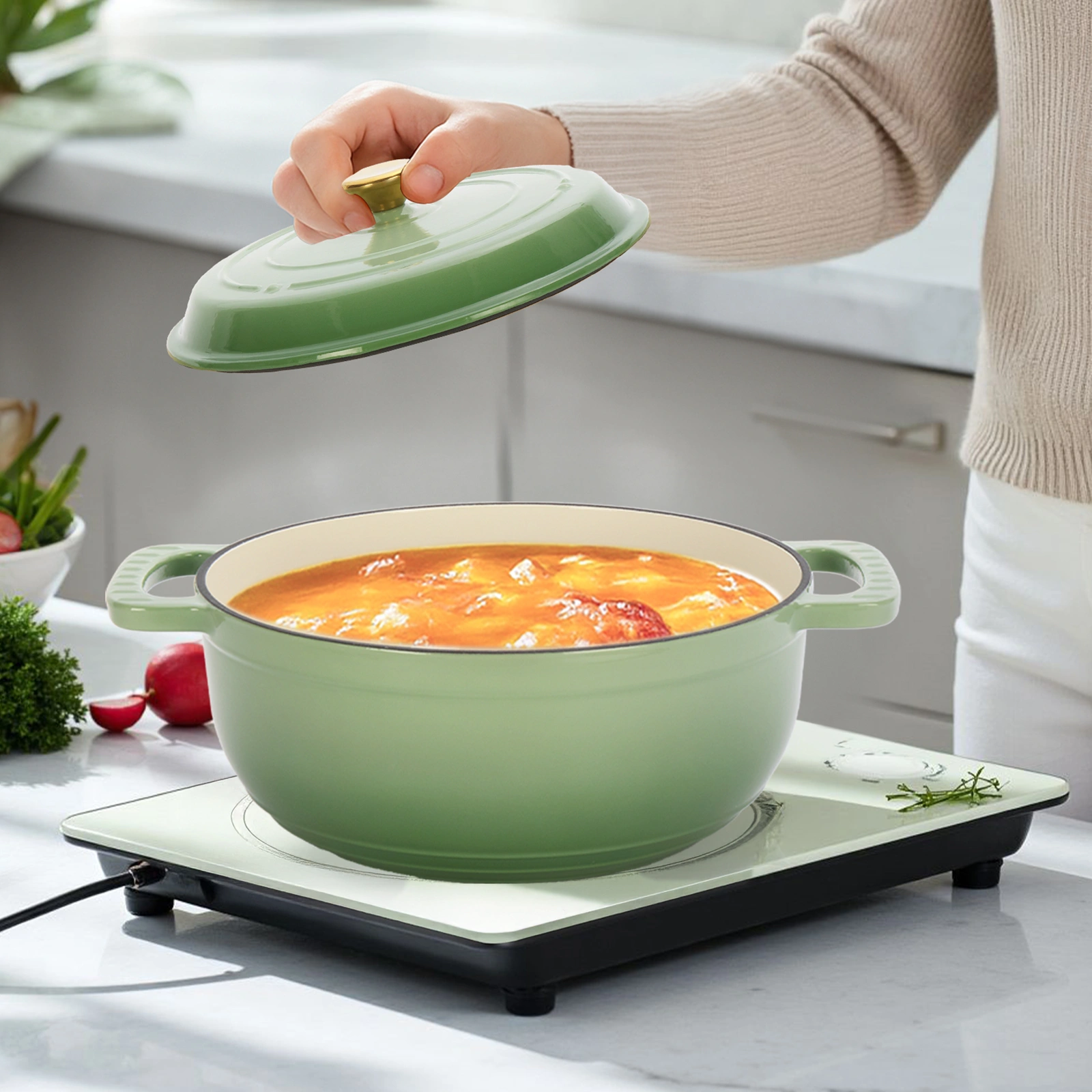 5QT Cast Iron Enamel Cooking Pot, Gradient Green Dutch Oven with 2 Silicone Gloves, Enameled Pot for Stovetop & Oven Use view 7