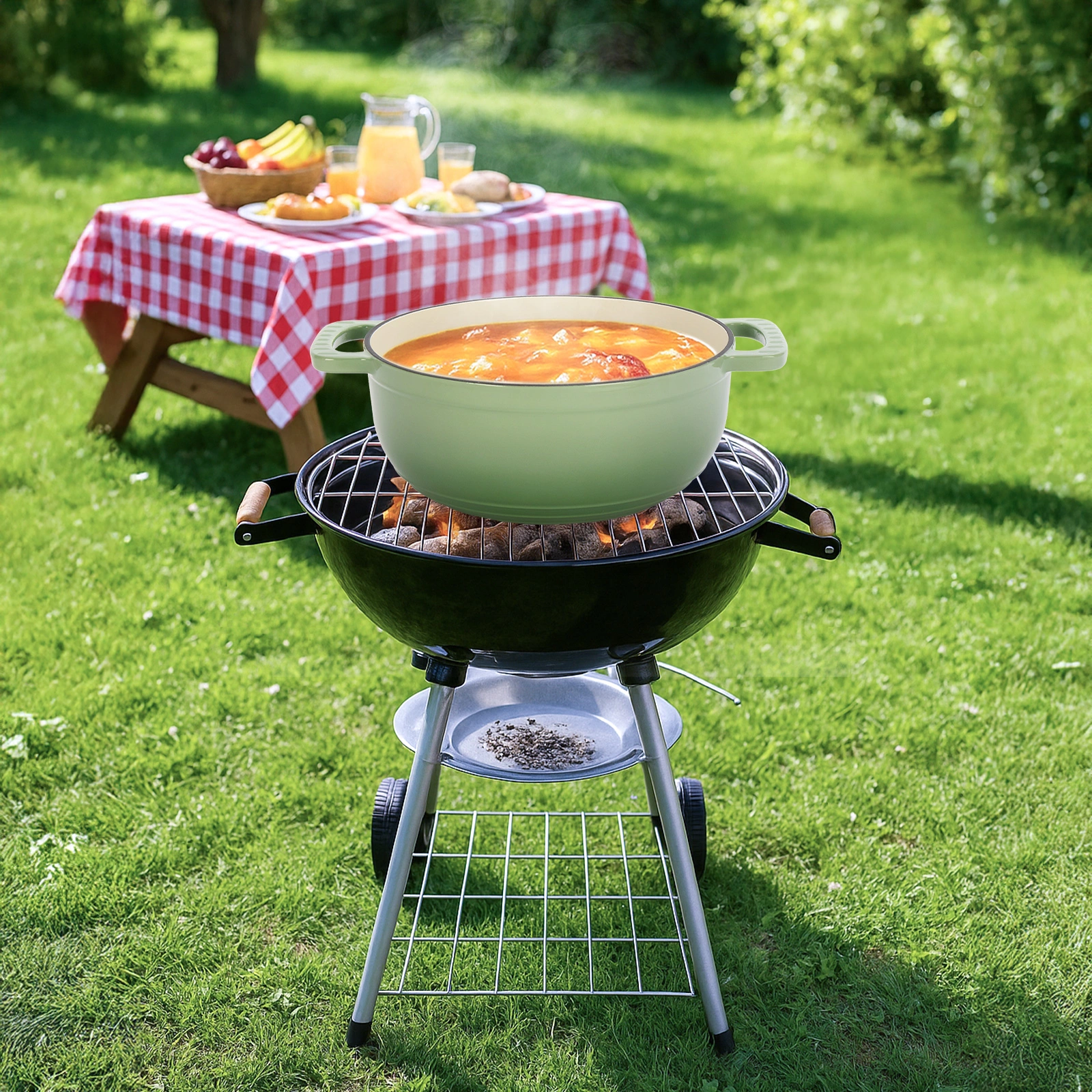5QT Cast Iron Enamel Cooking Pot, Gradient Green Dutch Oven with 2 Silicone Gloves, Enameled Pot for Stovetop & Oven Use view 8