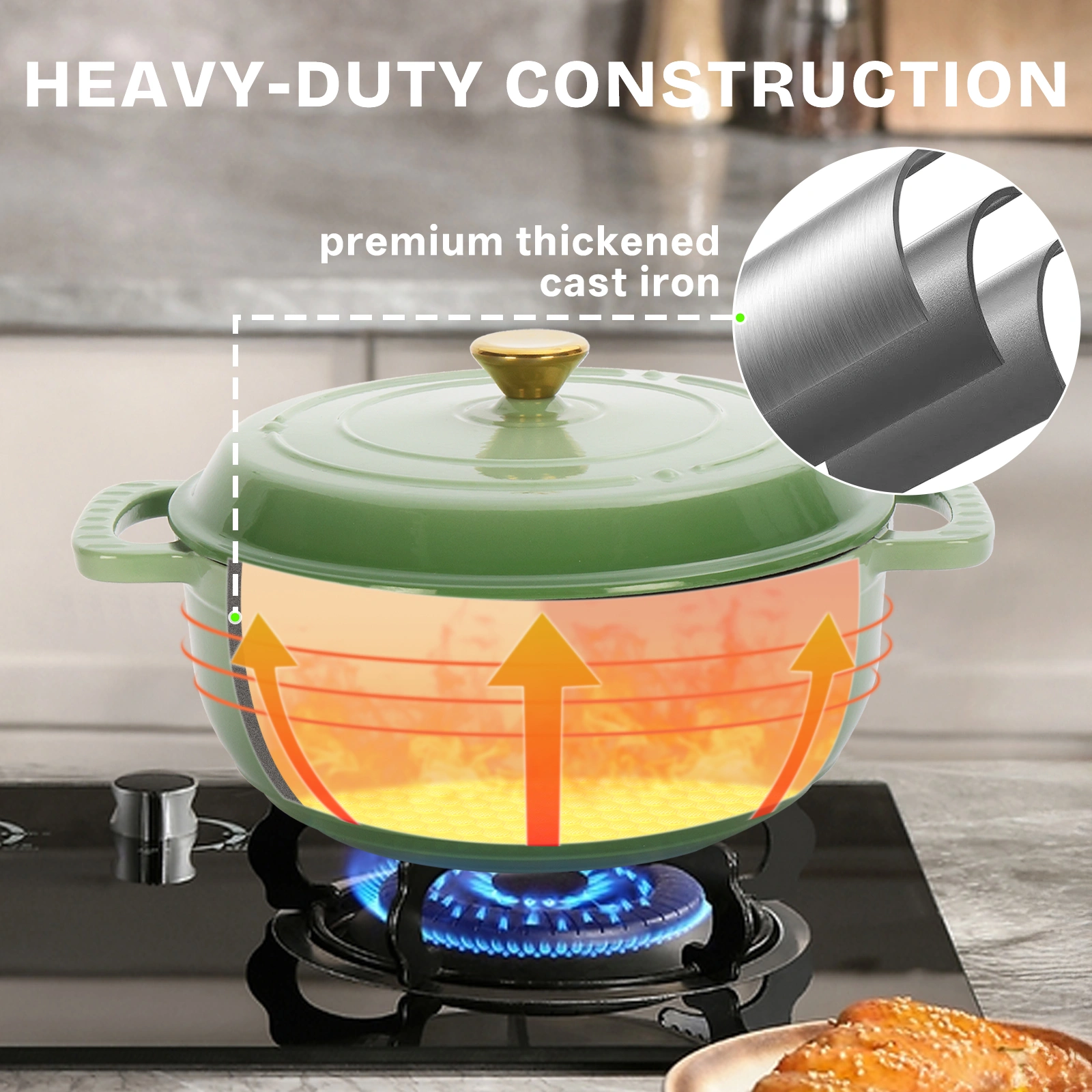 5QT Cast Iron Enamel Cooking Pot, Gradient Green Dutch Oven with 2 Silicone Gloves, Enameled Pot for Stovetop & Oven Use view 9