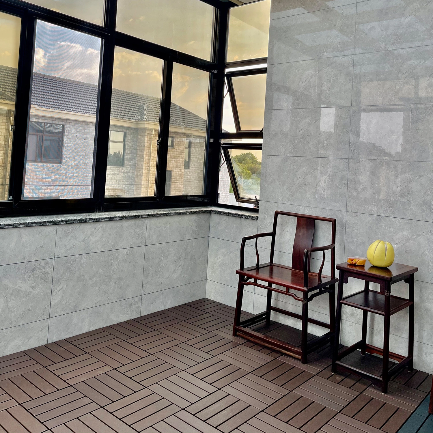 Plastic Interlocking Deck Tiles,44 Pack Patio Deck Tiles,12"x12" Square Waterproof Outdoor All Weather Use, Patio Decking Tiles for Poolside Balcony Backyard, Brown view 8