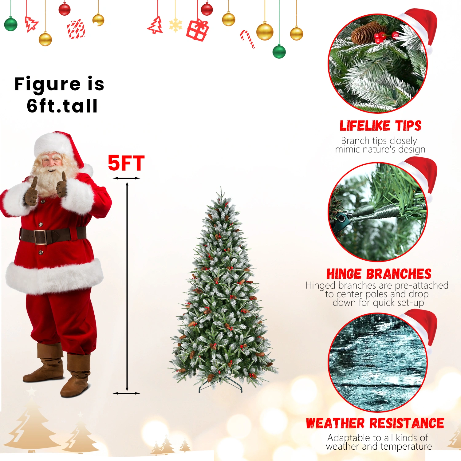 Artificial 5ft Green Christmas Tree with 1113PE/PVC Mixed Branch Tips,Red fruit and Pine cone,Hinged Premium & Foldable Base for Indoor Holiday Decorating view 2