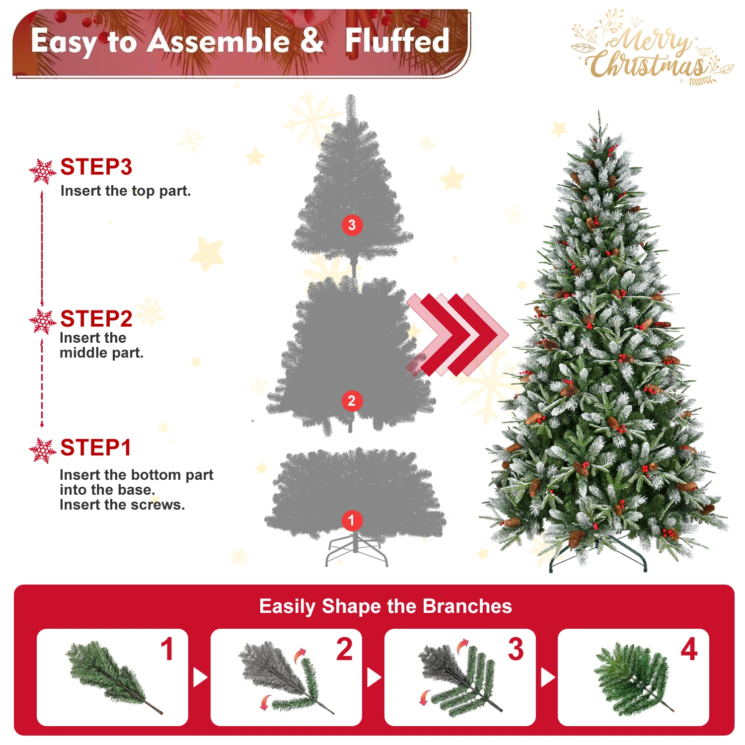 Artificial 5ft Green Christmas Tree with 1113PE/PVC Mixed Branch Tips,Red fruit and Pine cone,Hinged Premium & Foldable Base for Indoor Holiday Decorating view 3