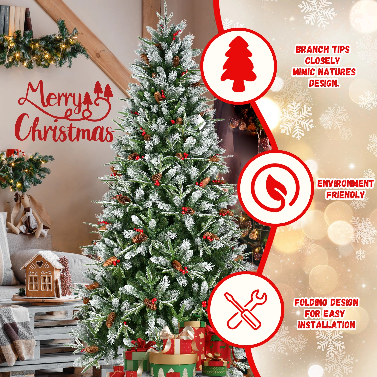 Artificial 5ft Green Christmas Tree with 1113PE/PVC Mixed Branch Tips,Red fruit and Pine cone,Hinged Premium & Foldable Base for Indoor Holiday Decorating view 5
