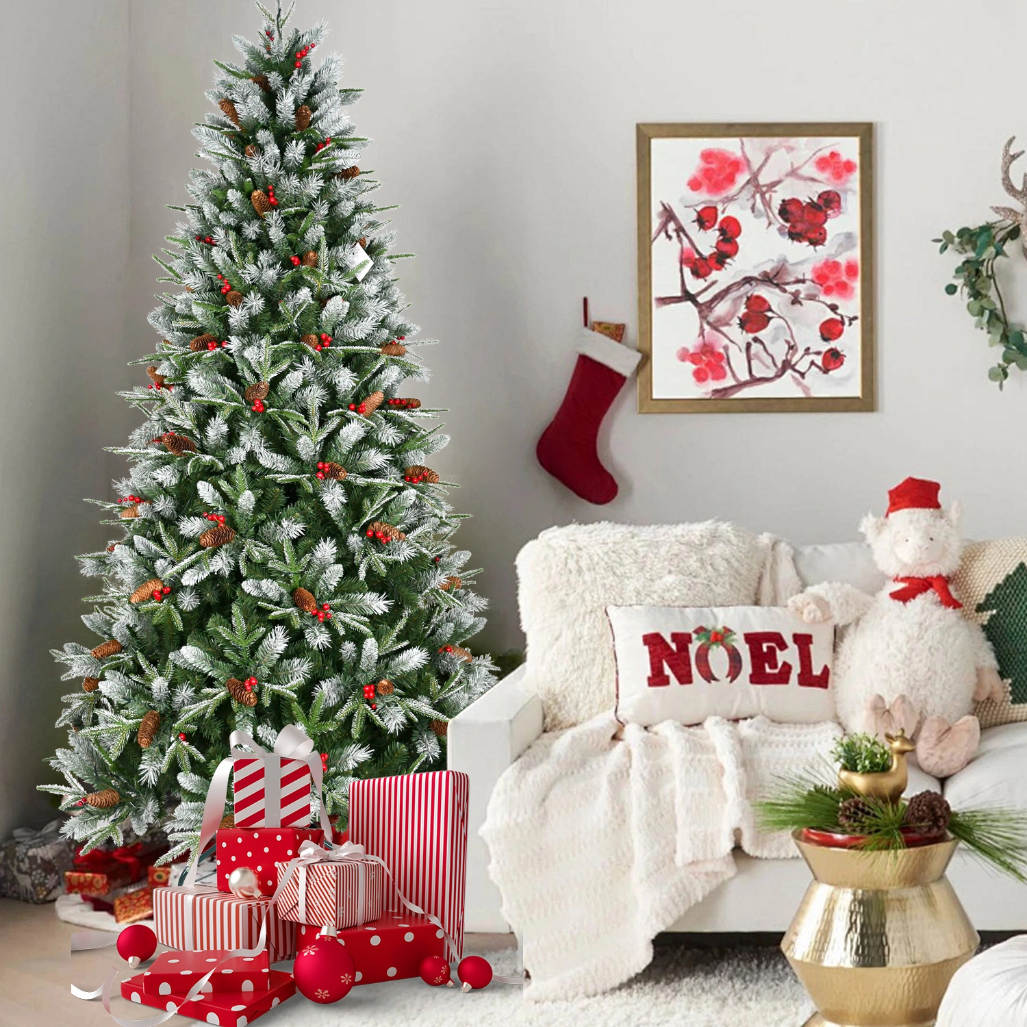 Artificial 5ft Green Christmas Tree with 1113PE/PVC Mixed Branch Tips,Red fruit and Pine cone,Hinged Premium & Foldable Base for Indoor Holiday Decorating view 6