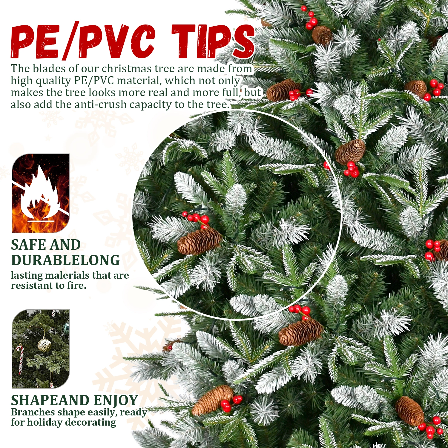 Artificial 5ft Green Christmas Tree with 1113PE/PVC Mixed Branch Tips,Red fruit and Pine cone,Hinged Premium & Foldable Base for Indoor Holiday Decorating view 7