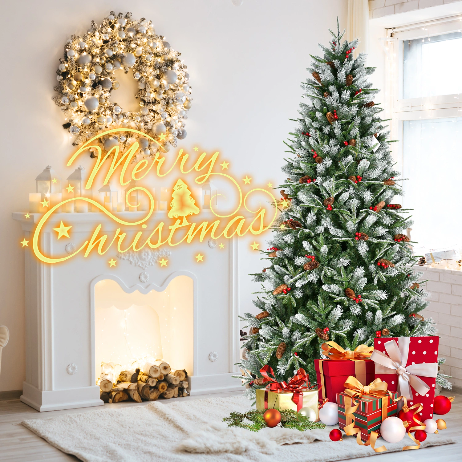 Artificial 5ft Green Christmas Tree with 1113PE/PVC Mixed Branch Tips,Red fruit and Pine cone,Hinged Premium & Foldable Base for Indoor Holiday Decorating view 8