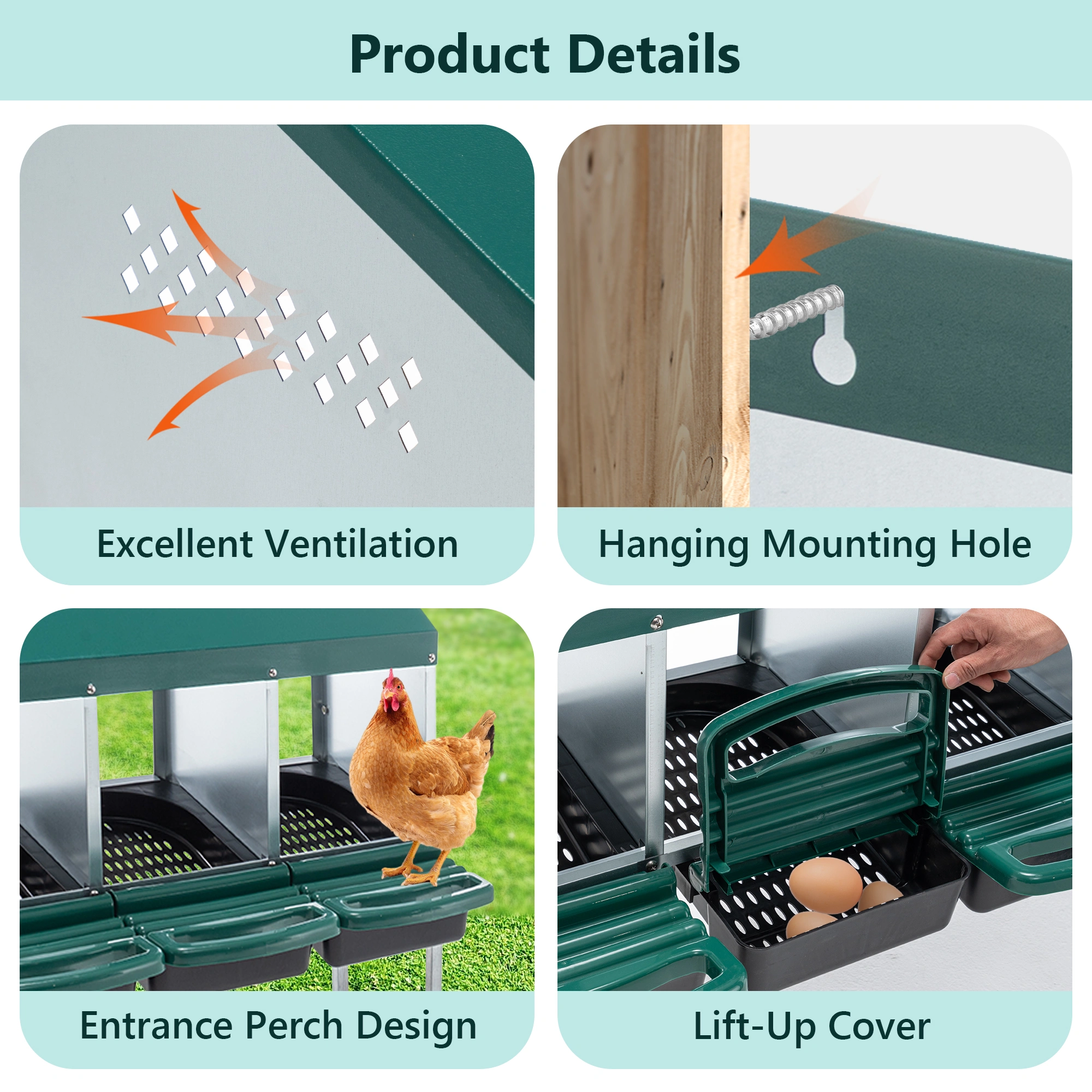 4-Hole Chicken Nesting Box with Stand Legs & Egg Guard Cover, Green Hen Nest Box for Coop view 3