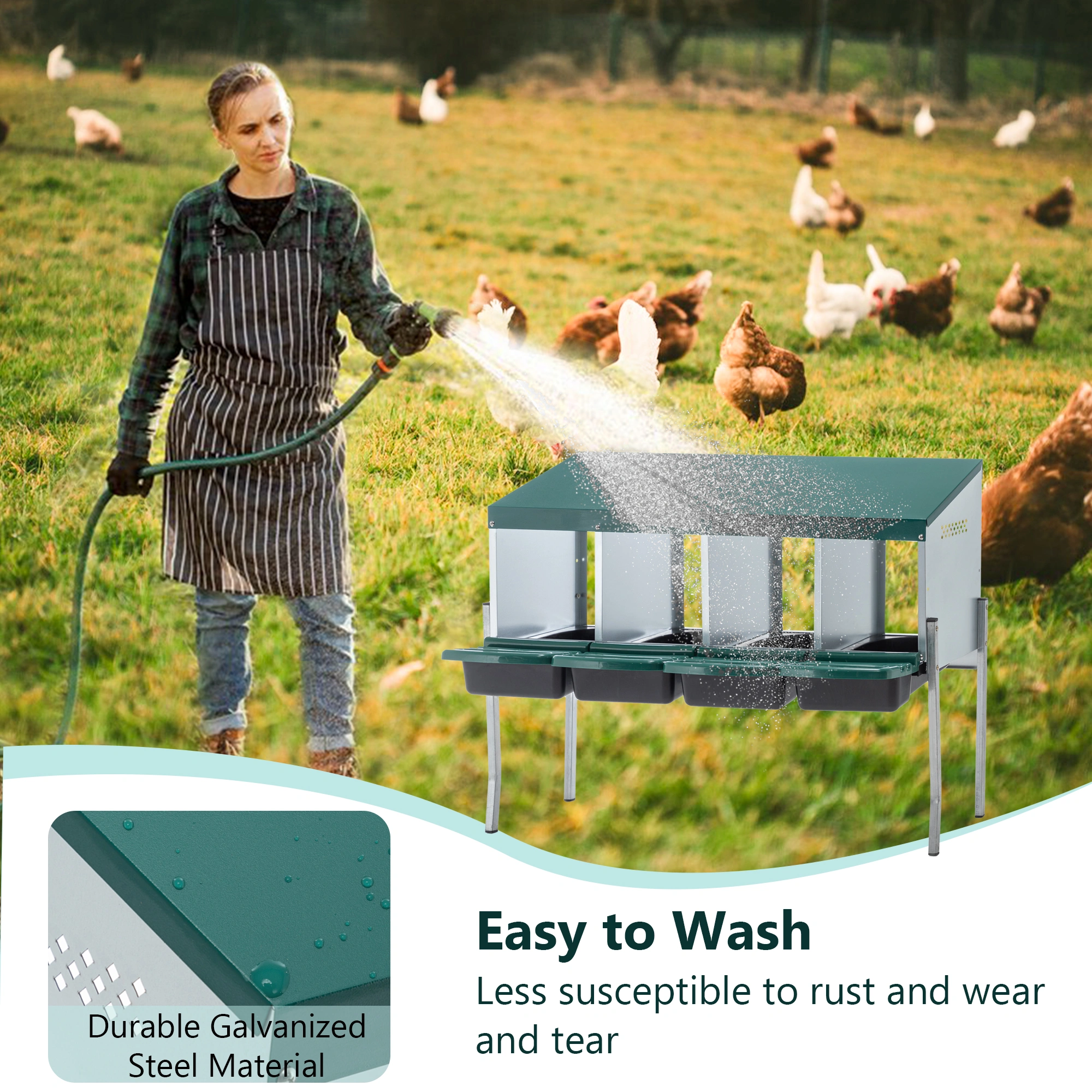 4-Hole Chicken Nesting Box with Stand Legs & Egg Guard Cover, Green Hen Nest Box for Coop view 5