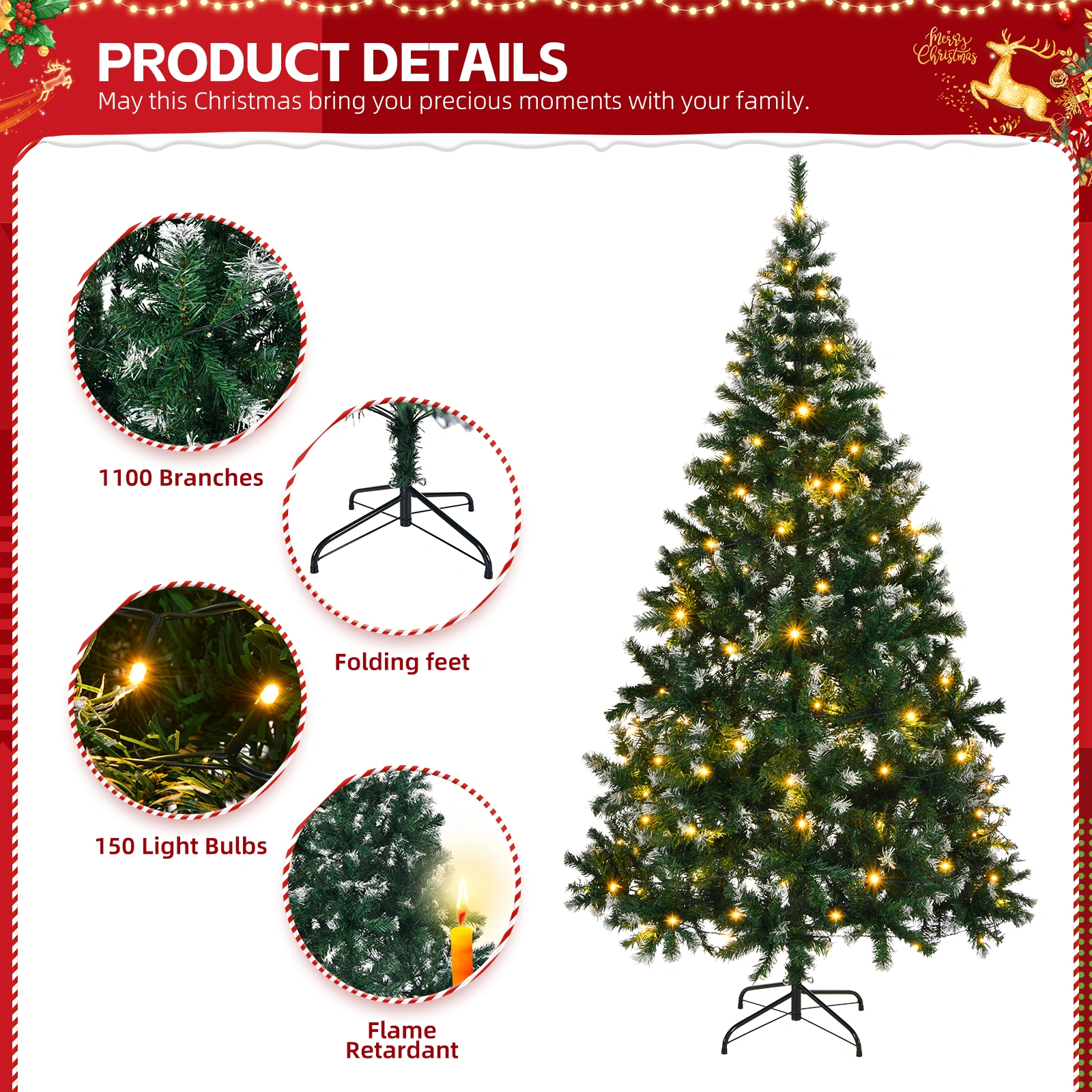 7 FT Snow Tipped Artificial Christmas Tree with DIY 150 Warm Lights, Remote Control, 1100 Branch Tips and Sturdy Metal Stand, Green & Snow Tipped view 4