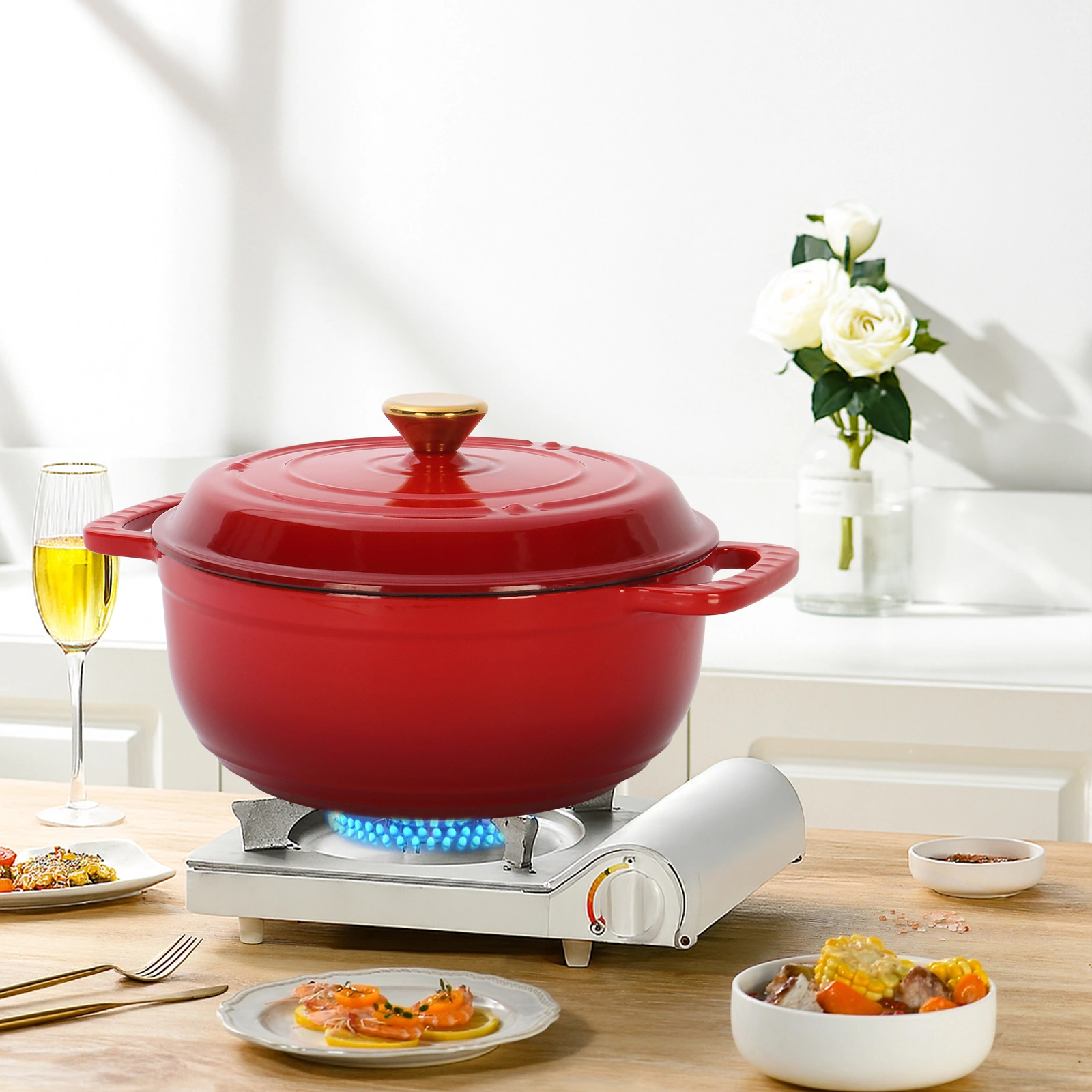 Cast iron 7.5QT cooking pot - Gradient red color - Includes two silicone gloves - Enamel pot view 10