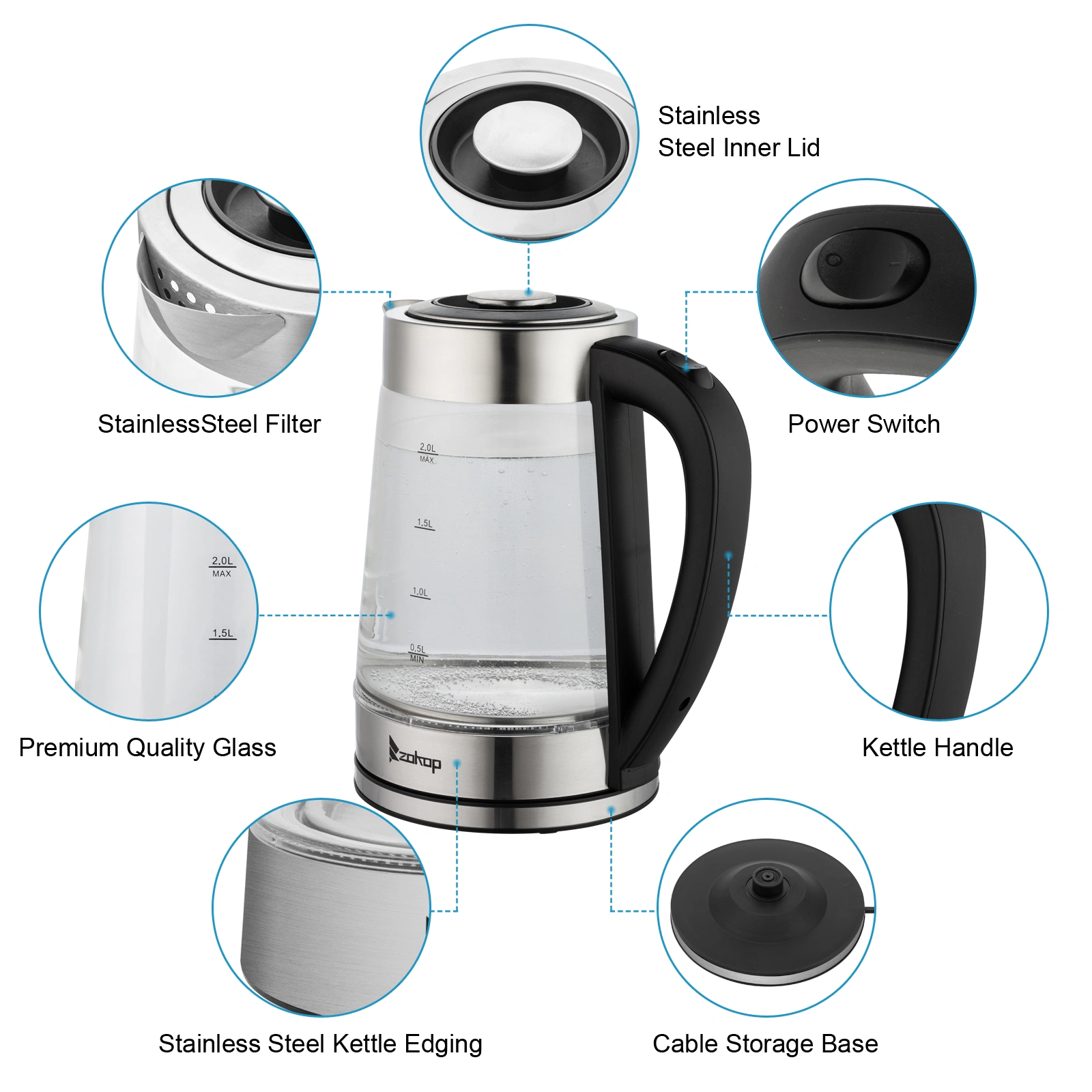 HD-250 220V 2000W 2L Blue Glass Electric Kettle view 2