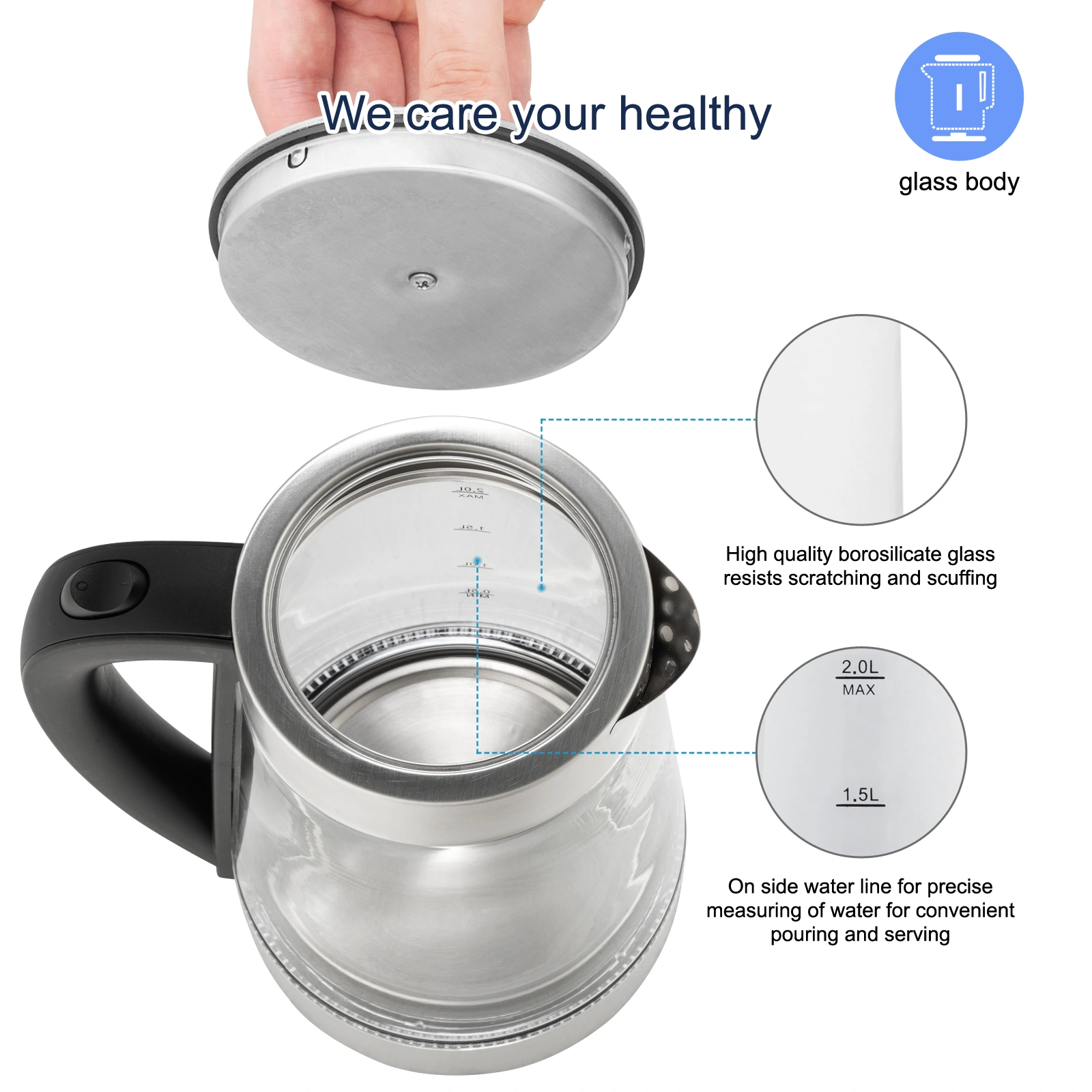 HD-250 220V 2000W 2L Blue Glass Electric Kettle view 3