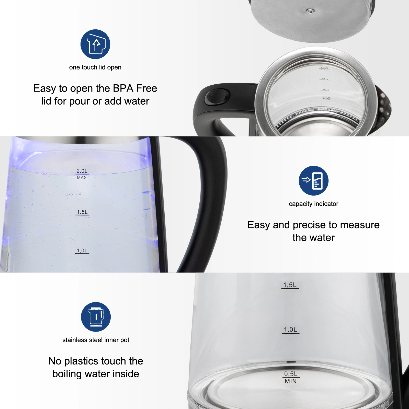 HD-250 220V 2000W 2L Blue Glass Electric Kettle view 6