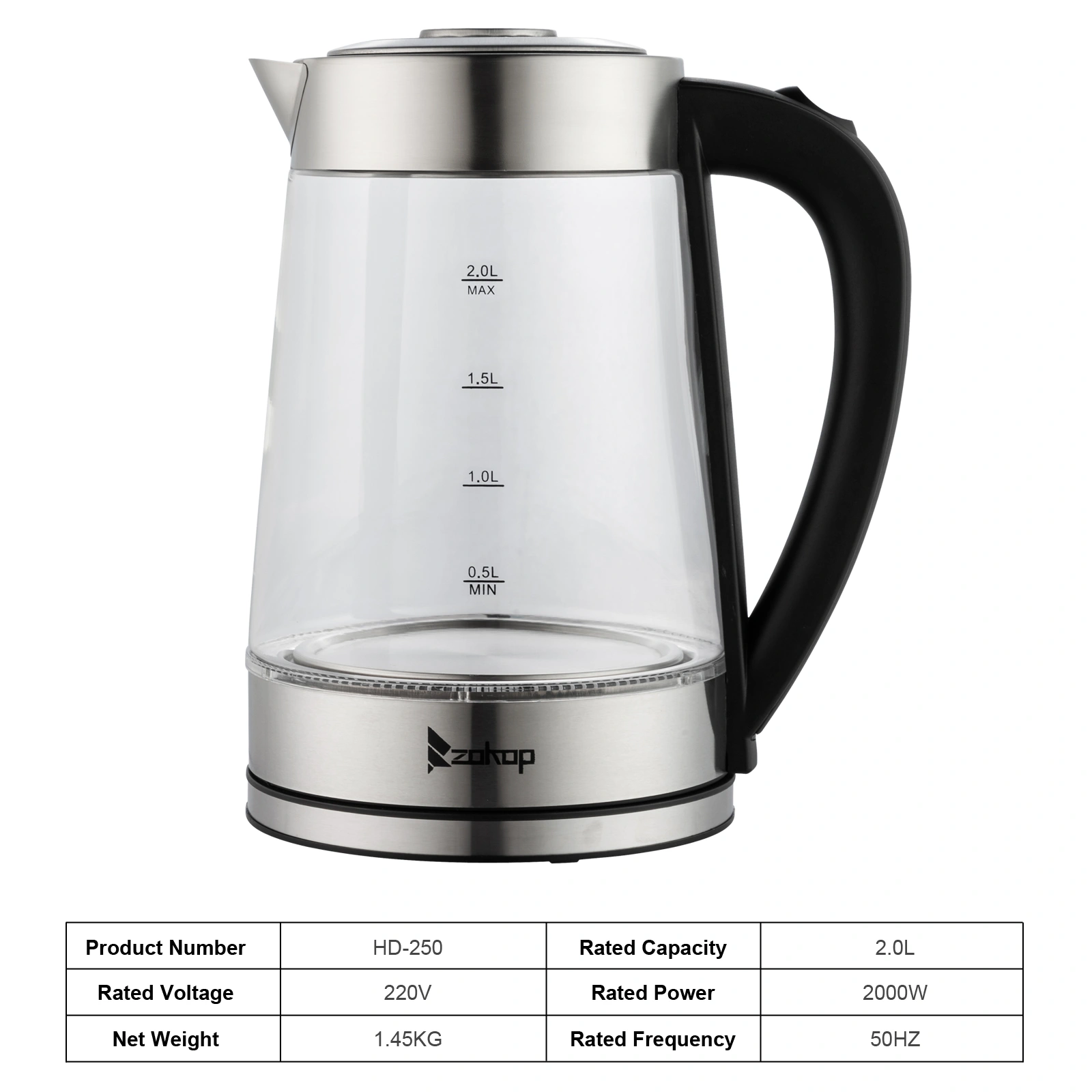 HD-250 220V 2000W 2L Blue Glass Electric Kettle view 7