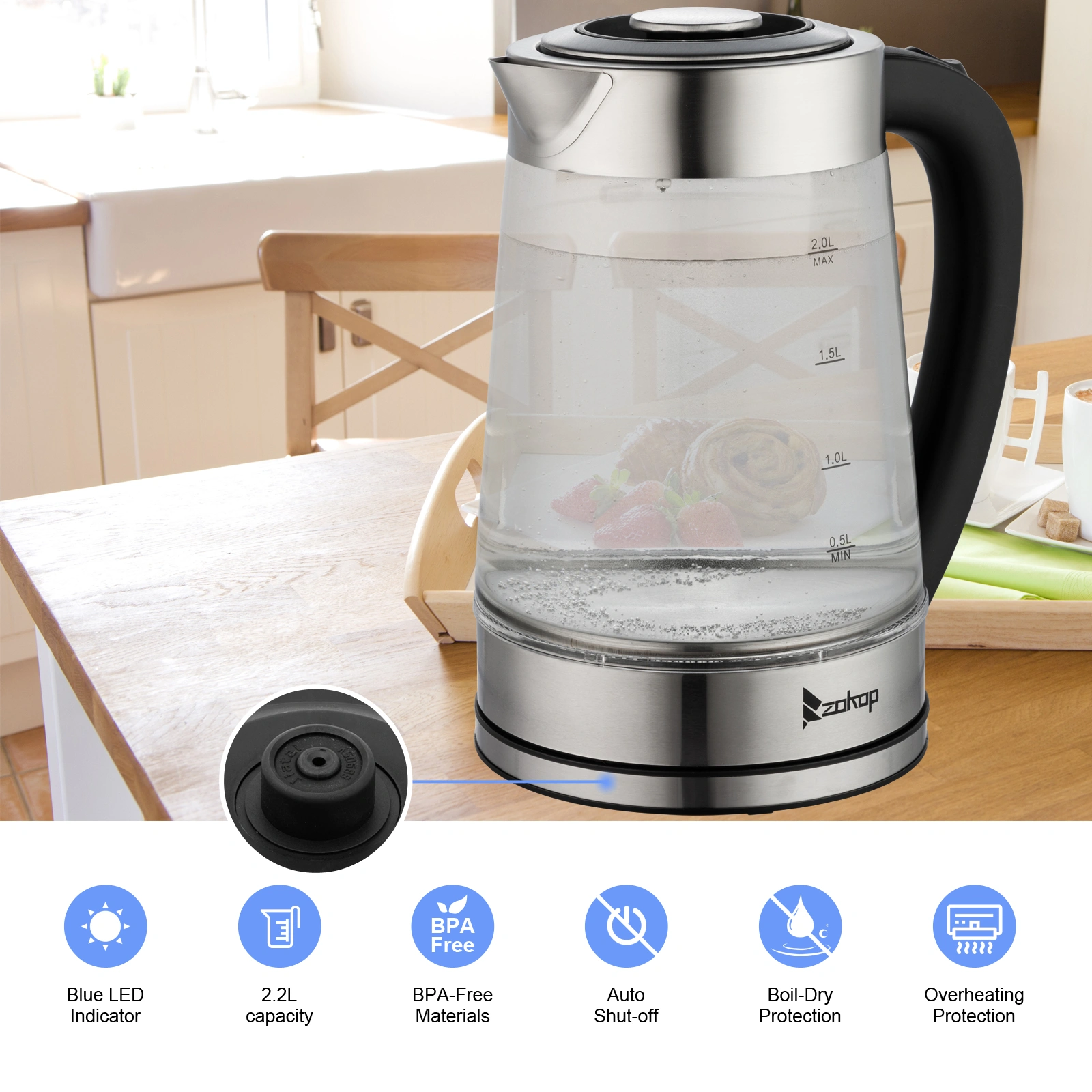 HD-250 220V 2000W 2L Blue Glass Electric Kettle view 9