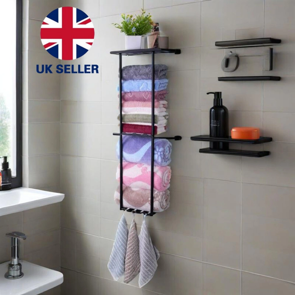 Wall Mounted Towel Rack with Metal Shelf - Bathroom Towel Organizer and Storage Holder for Home and Hotel