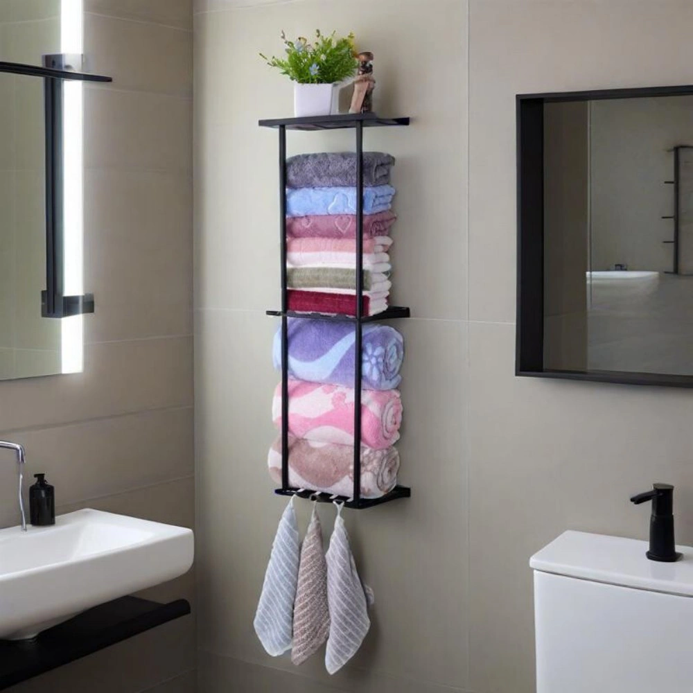 Wall Mounted Towel Rack with Metal Shelf - Bathroom Towel Organizer and Storage Holder for Home and Hotel view 5
