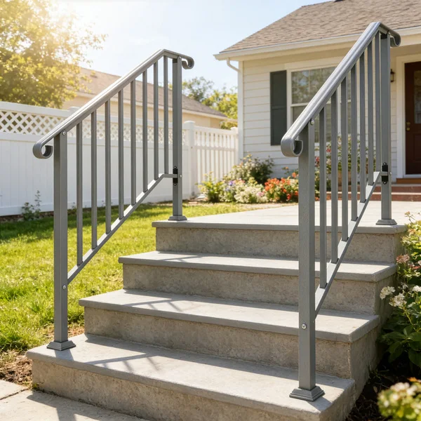 Silver Outdoor 3-Step Iron Handrail view 4