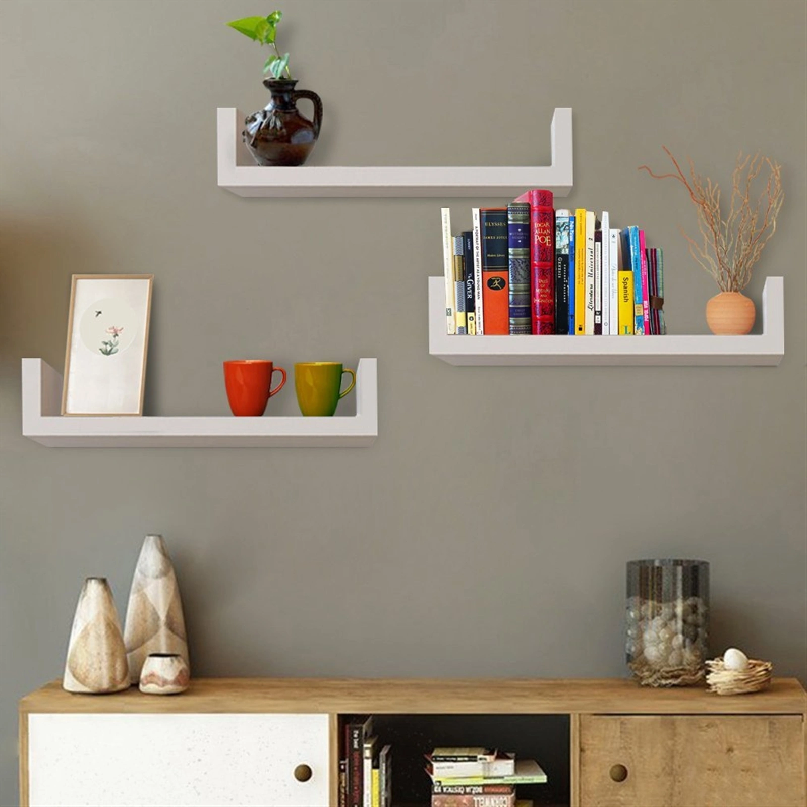 Set of 3 Floating Wall Shelves Ledge Bookshelf Wood Storage Shelf White Home Decor Display Rack view 3