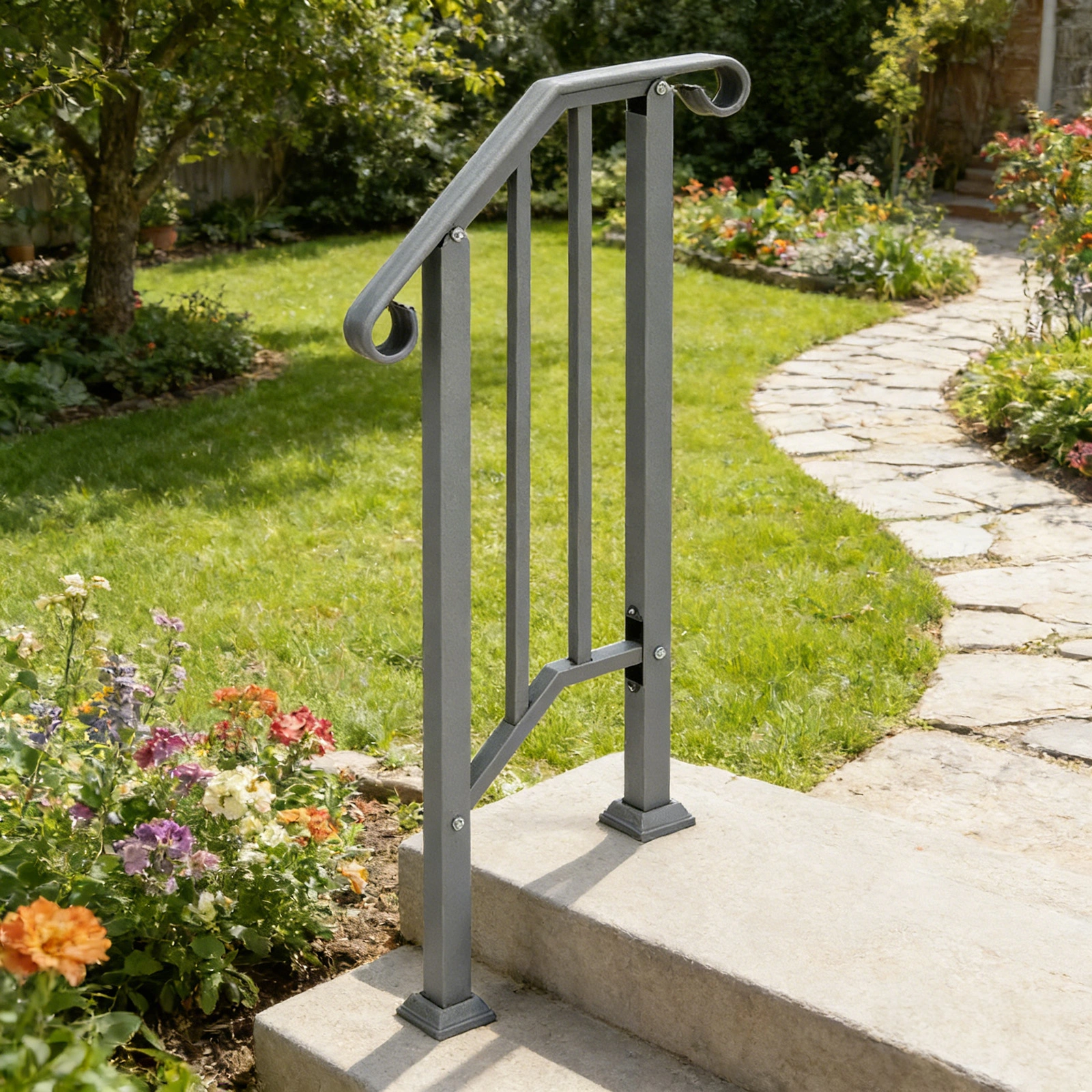 Handrails for Outdoor Steps, Iron Handrail Fits 1 Step, Transitional Handrail with Installation Kit, Silver view 13