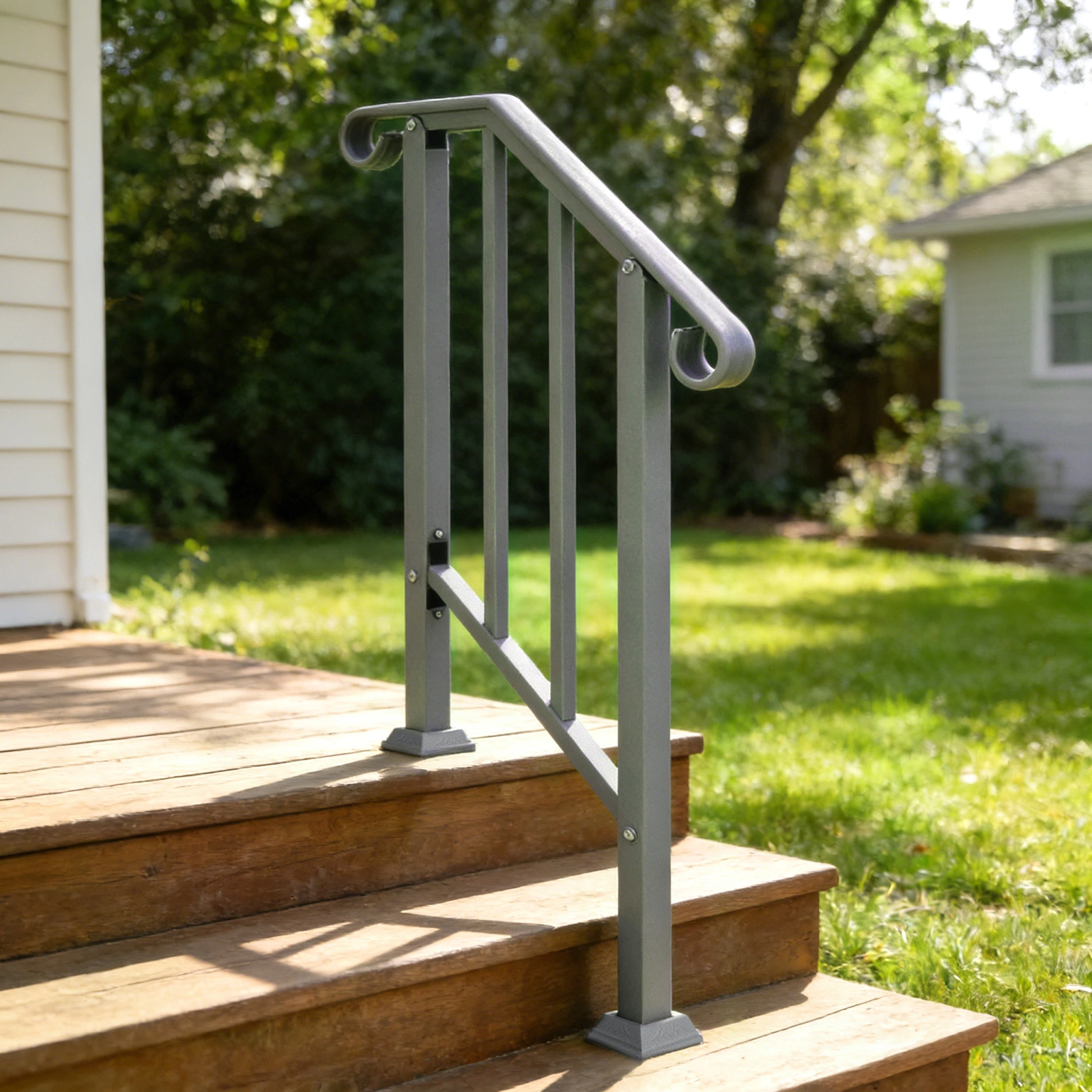 Handrails for Outdoor Steps, Iron Handrail Fits 1 Step, Transitional Handrail with Installation Kit, Silver view 9