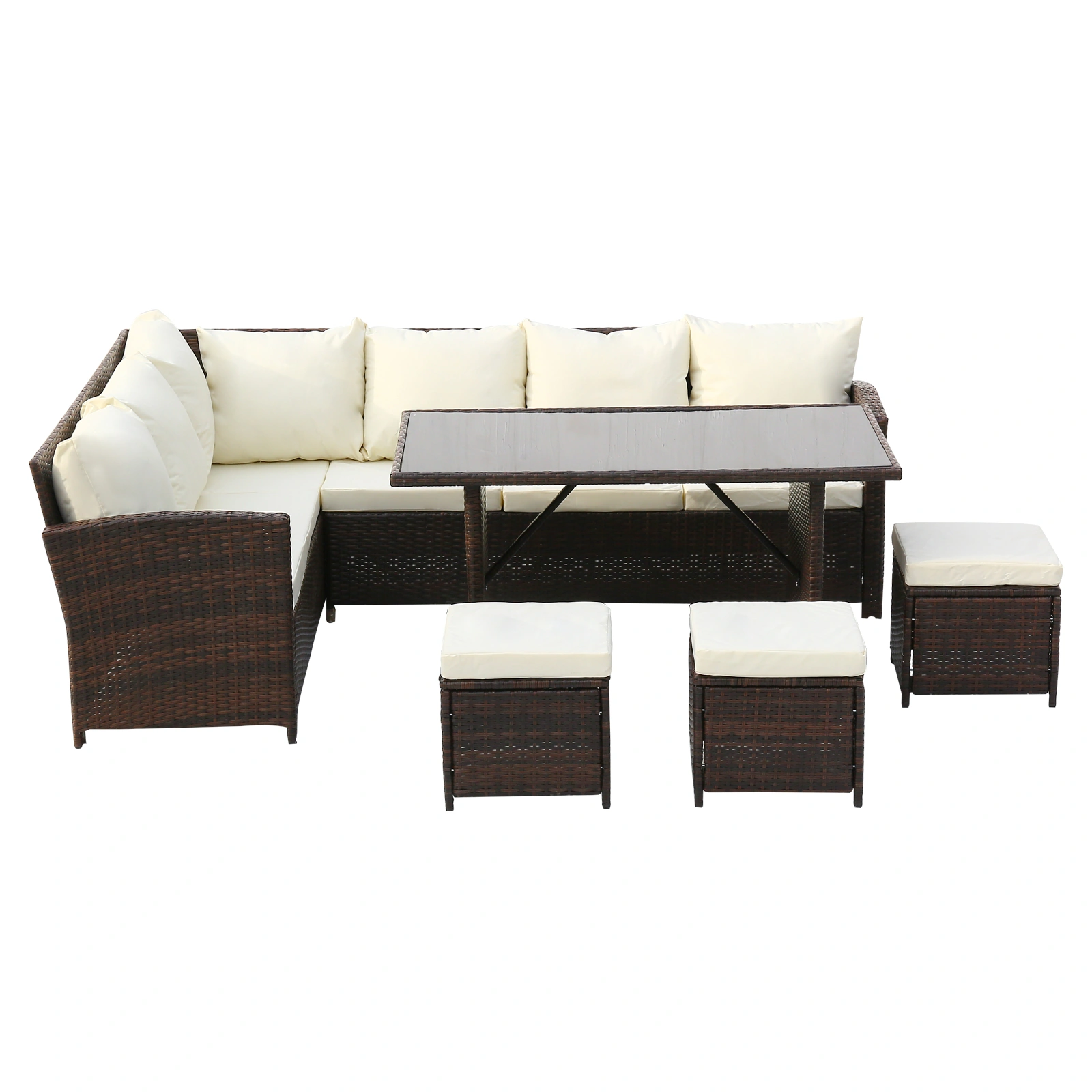 9-Seater Outdoor Rattan Dining Set with Glass Table & Black Silk Screen, Brown Gradient Wicker, Beige UK Flame Retardant Covers, Includes Free Rain Cover