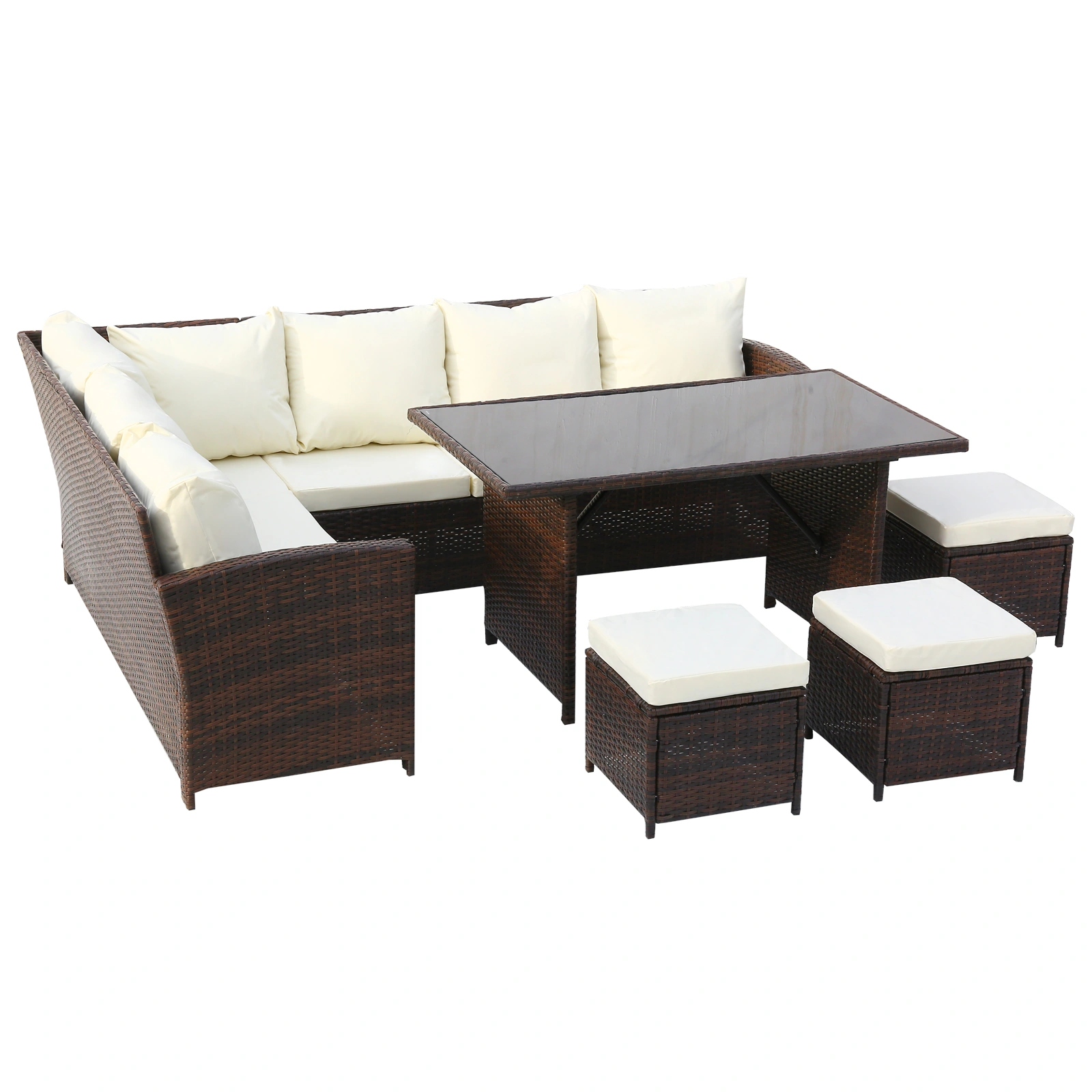 9-Seater Outdoor Rattan Dining Set with Glass Table & Black Silk Screen, Brown Gradient Wicker, Beige UK Flame Retardant Covers, Includes Free Rain Cover view 3