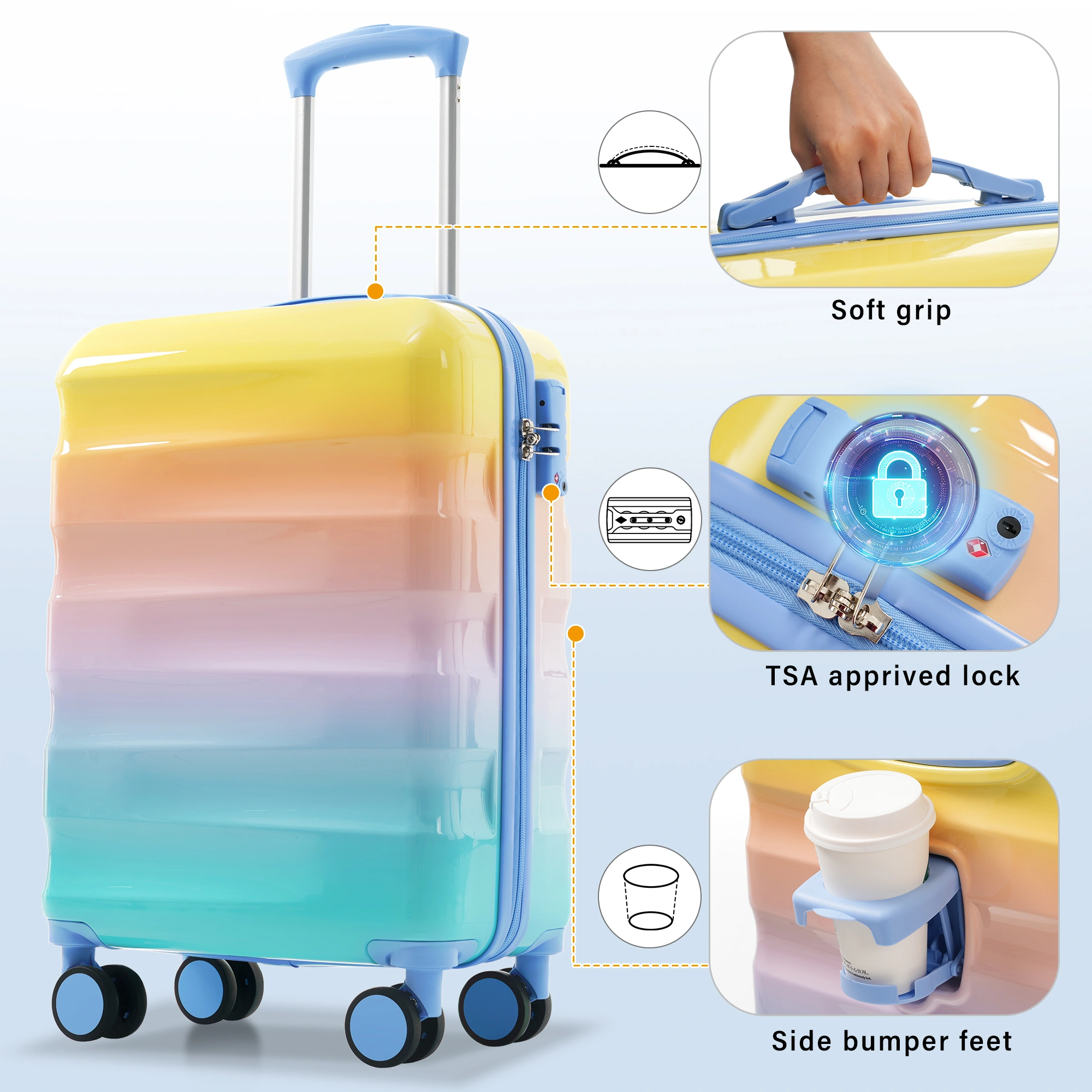 Hardshell Carry-on Luggage 2 Piece Set, 20" Spinner Suitcase with Cup Holder, Lightweight Glossy Travel Bag, TSA Lock, Airline Approved, 4-Wheel Rolling Suitcases for Men & Women view 5