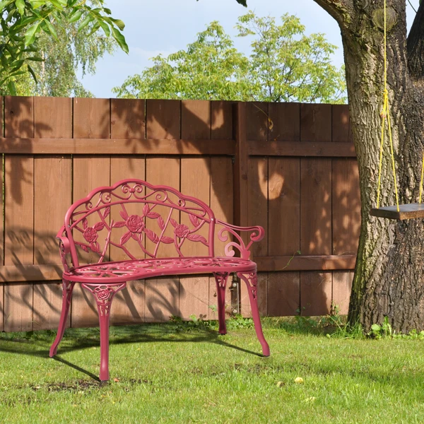 Outdoor Cast Aluminum Patio Bench, Porch Bench Chair with Curved Legs Rose Pattern, Red view 3