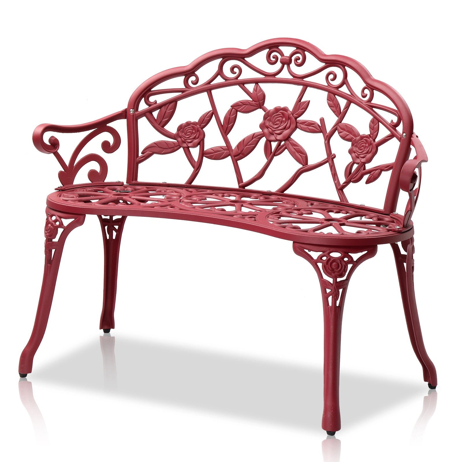 Outdoor Cast Aluminum Patio Bench, Porch Bench Chair with Curved Legs Rose Pattern, Red view 11