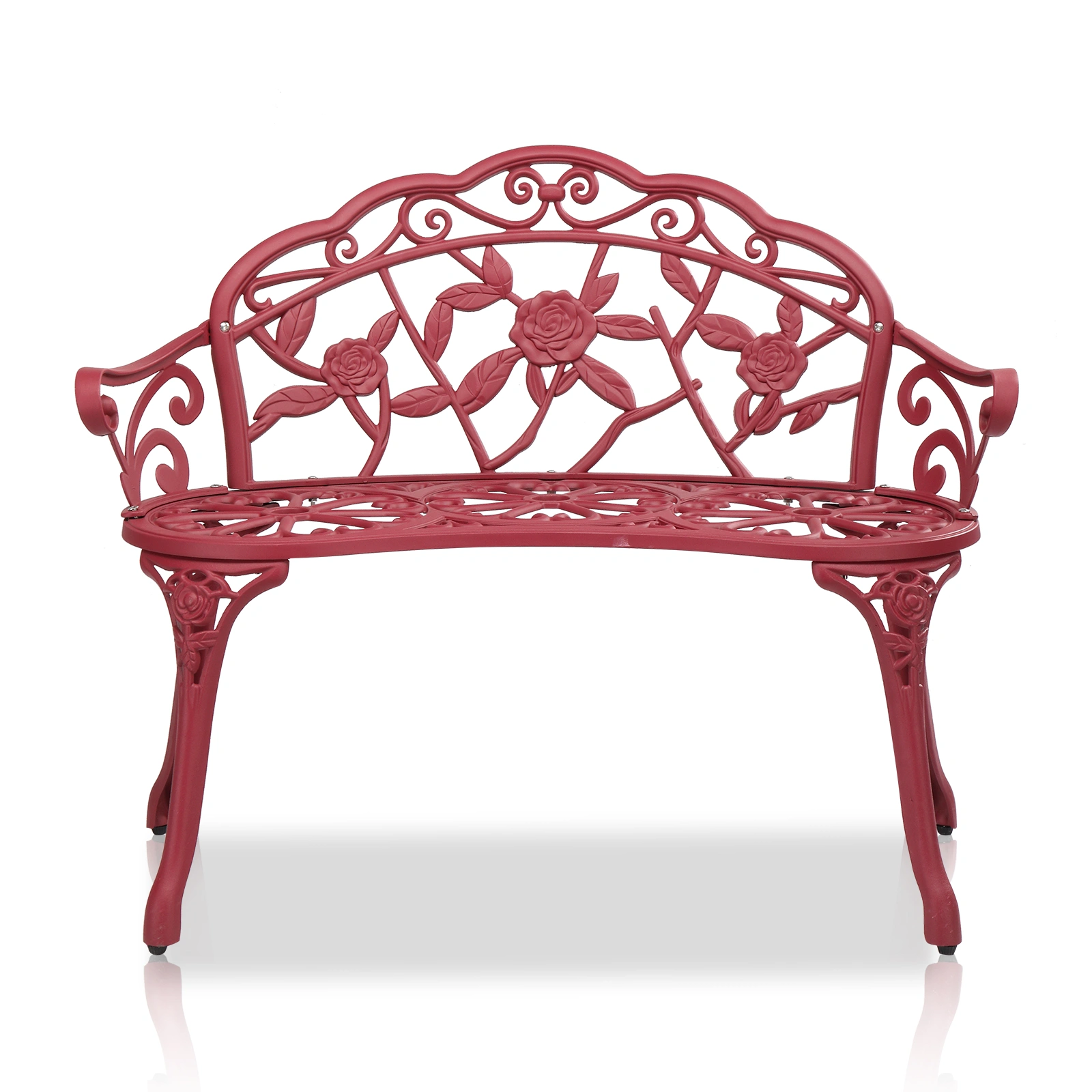 Outdoor Cast Aluminum Patio Bench, Porch Bench Chair with Curved Legs Rose Pattern, Red view 13