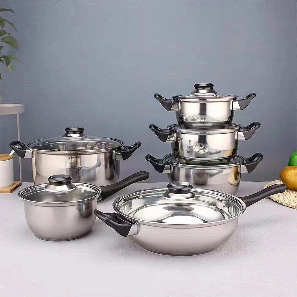 12 Piece Stainless Steel Cookware Saucepan Pot Set with Glass Lid Kitchen Cooking Pan Set view 2