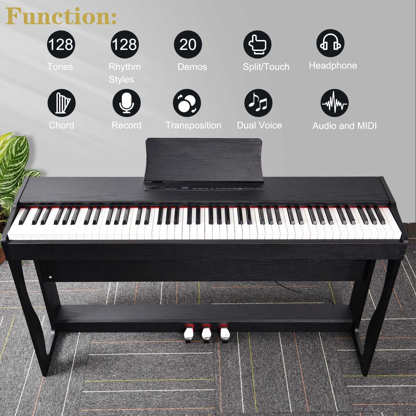 GDP-104 88 Keys Full Weighted Digital Piano w/Furniture Stand Power Adapter Triple Pedals Headphone Black Replace 46233857 view 2