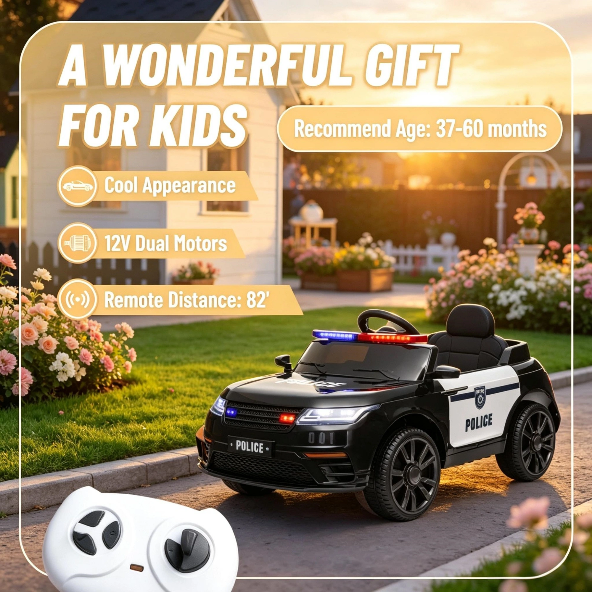 Black 12V Kids Electric Car - Remote Control, Siren, Lights, Music, Spring Suspension, Transport Wheels view 6