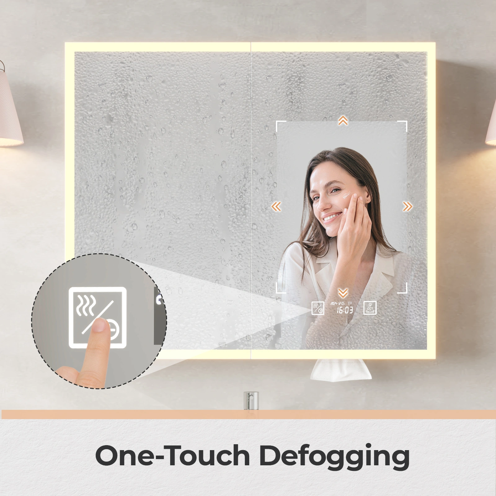 FCH 32x28 inch White LED Mirror Cabinet, Double Door 7 Shelves, Three-Tone Lighting, Time & Temperature Display, Power-Off Memory, Defogging view 2