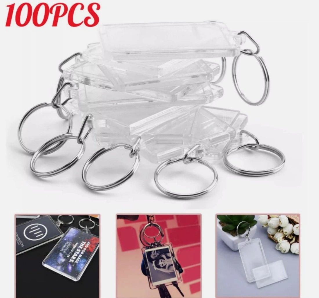 NEW 100pcs Blank Keyring Acrylic Plastic Passport Photo Key Rings Craft Picture UK view 2