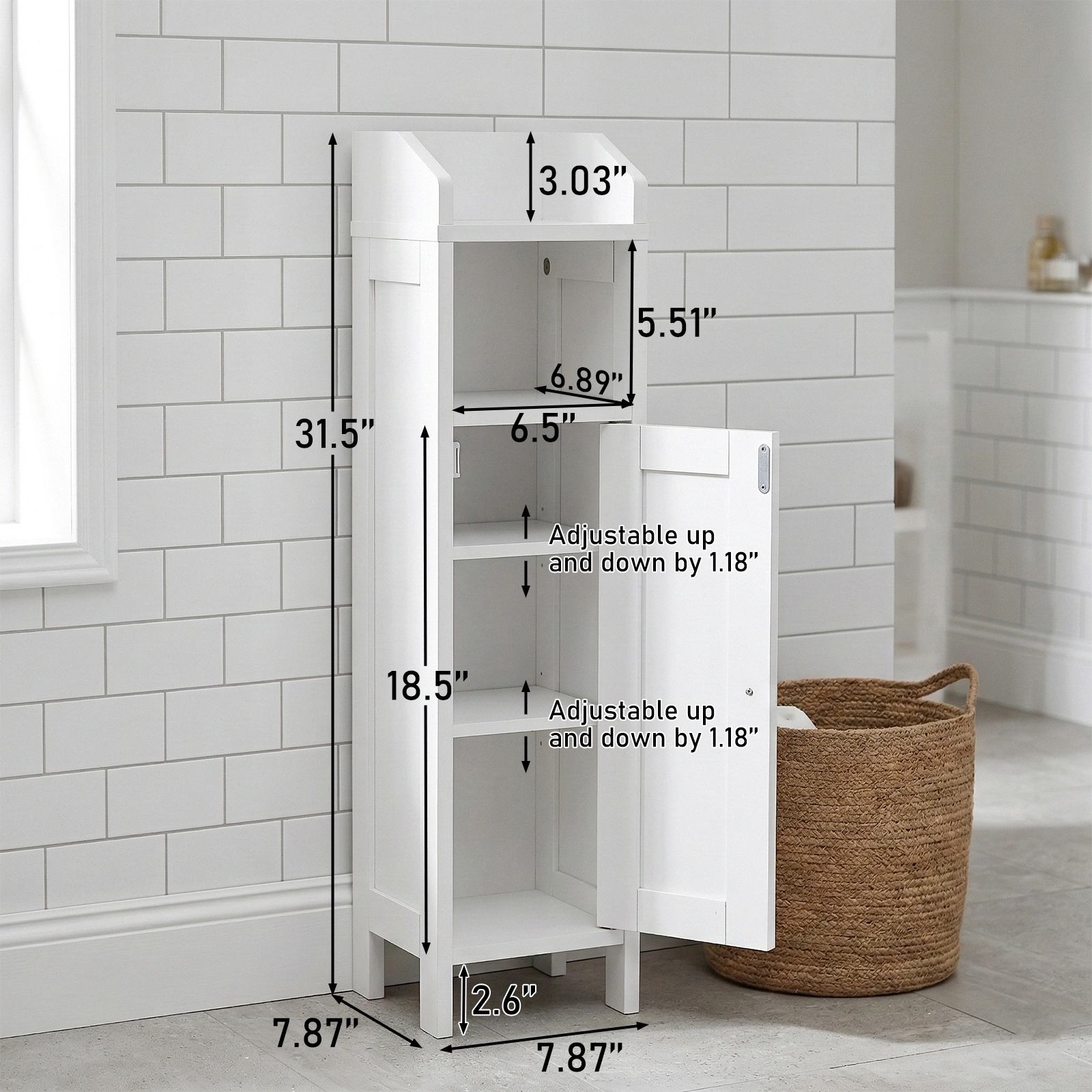 White Bathroom Cabinet 20x20x80cm MDF w/ Melamine Veneer Vertical Stripes, Door & Shelf, One Compartment Vanity view 3