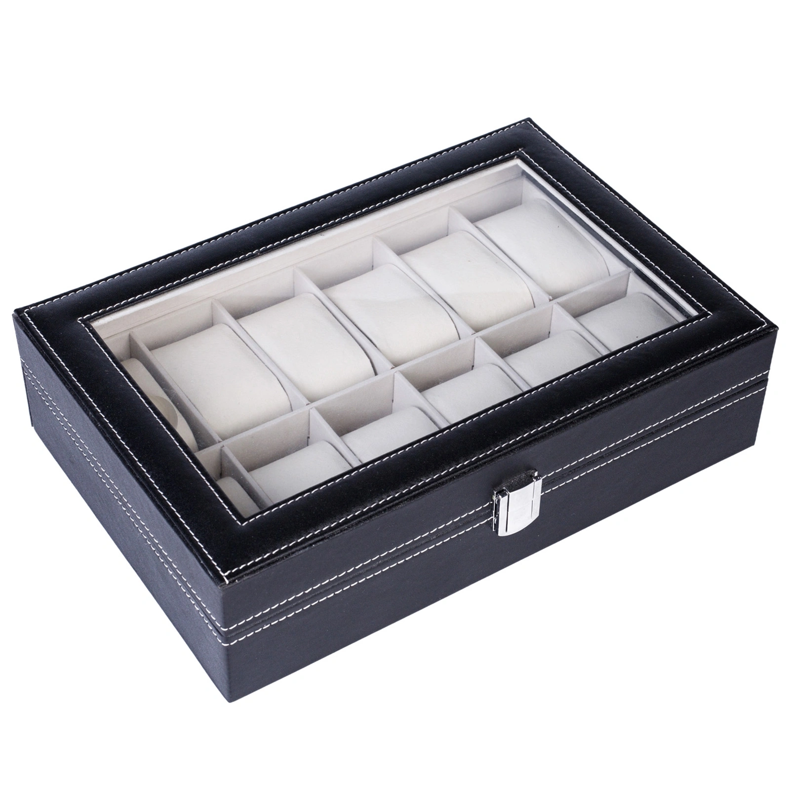 12-Compartment Leather Watch Box, Top-Opening Display Case, Black